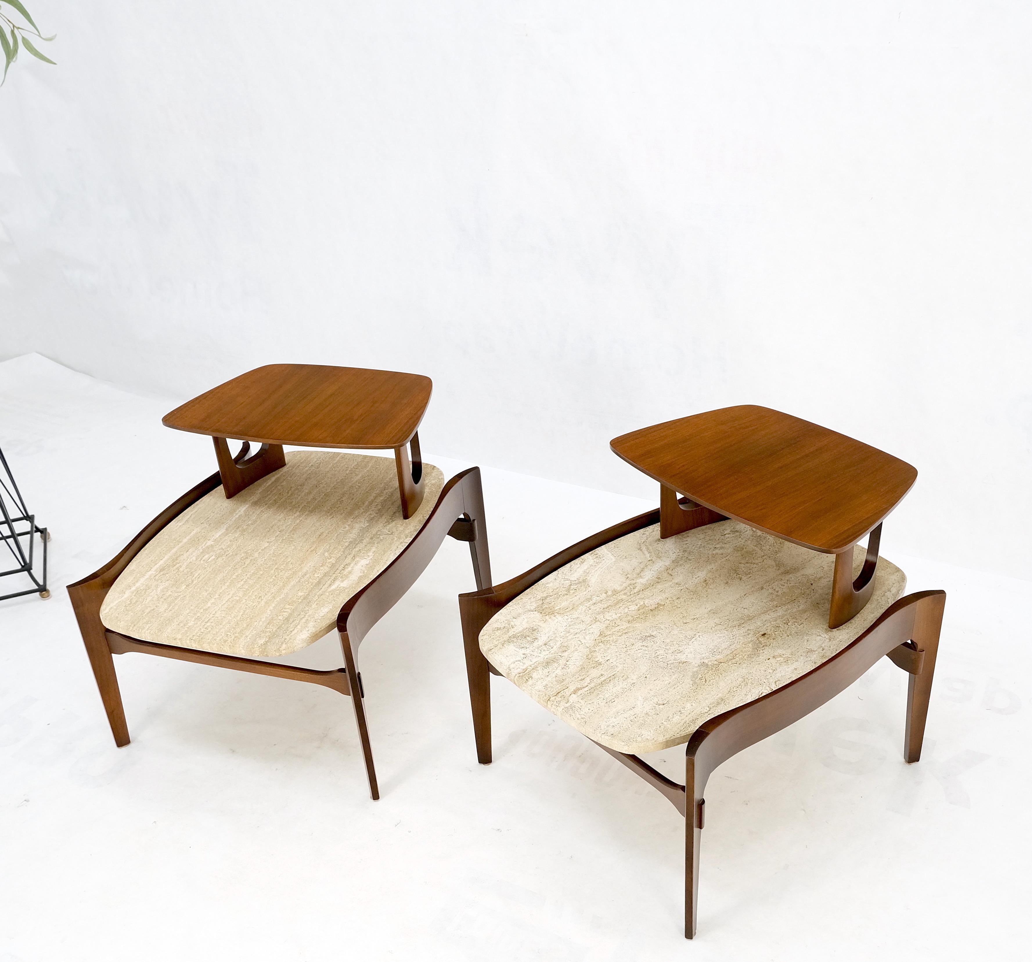 Pair Sculptural 1970s Walnut Travertine Tops Step Side End Tables Singer Sons For Sale 2