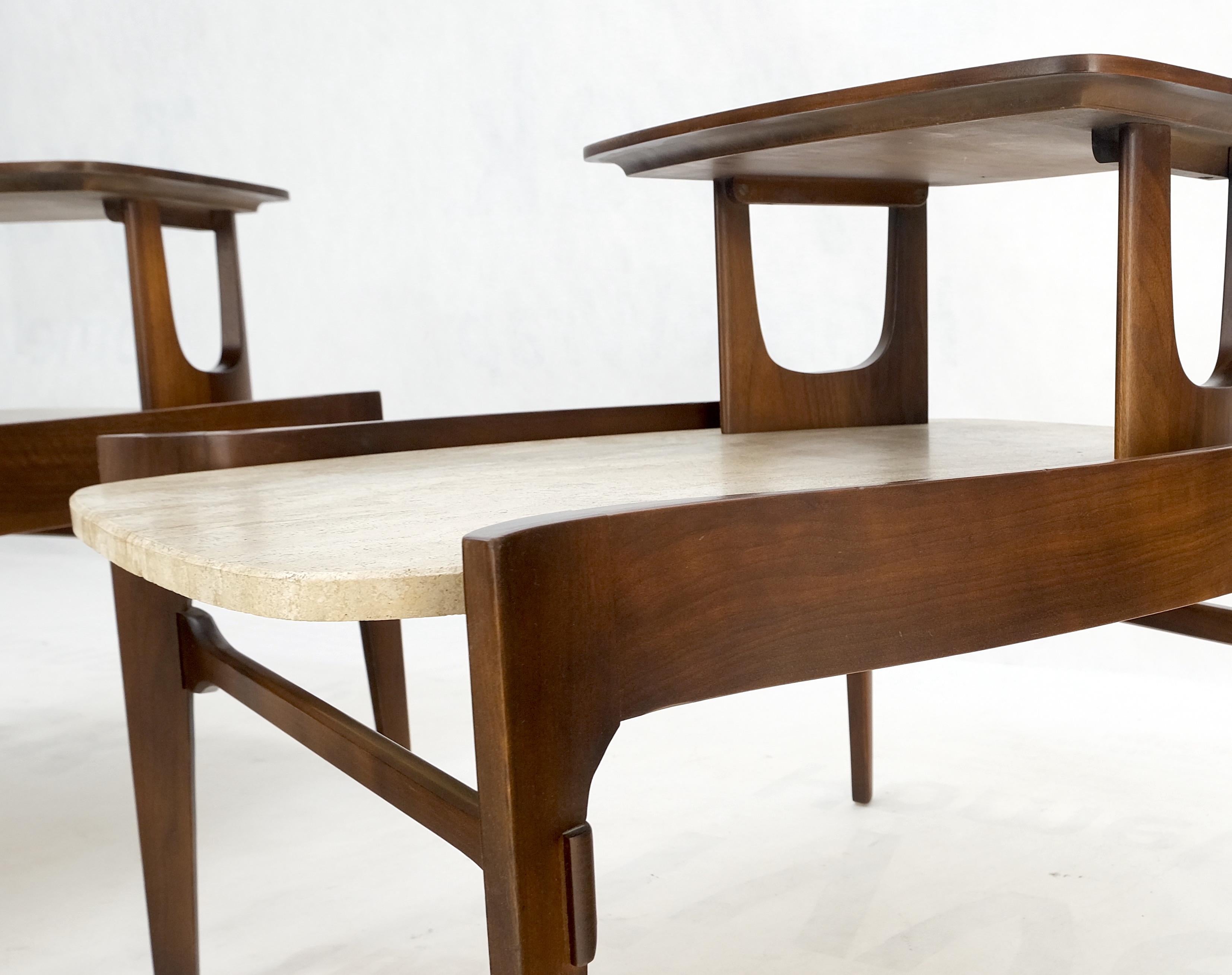 Pair Sculptural 1970s Walnut Travertine Tops Step Side End Tables Singer Sons For Sale 3