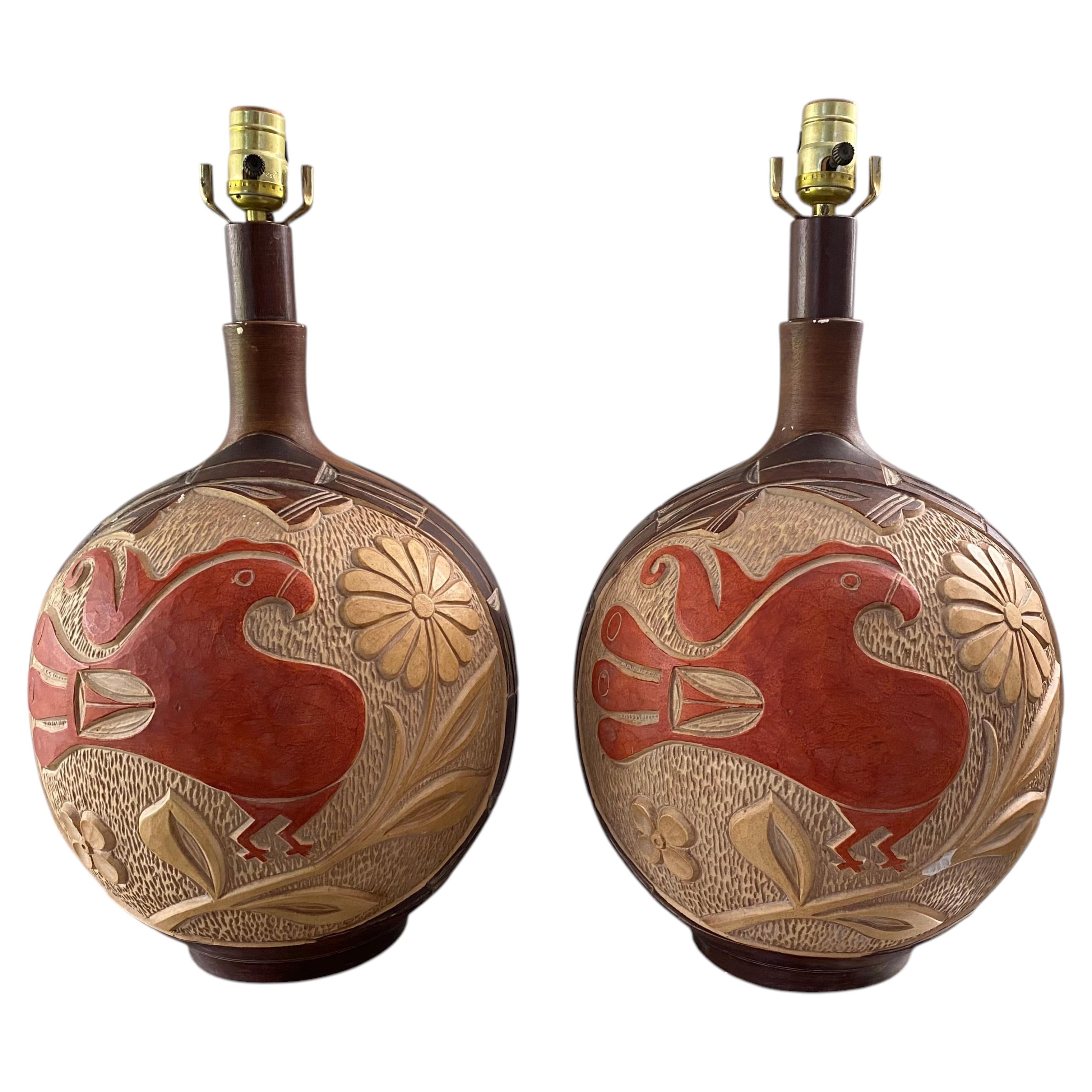 Pair Sculptural Hand-Carved Ceramic Table Lamps by Casual Lamps of California For Sale