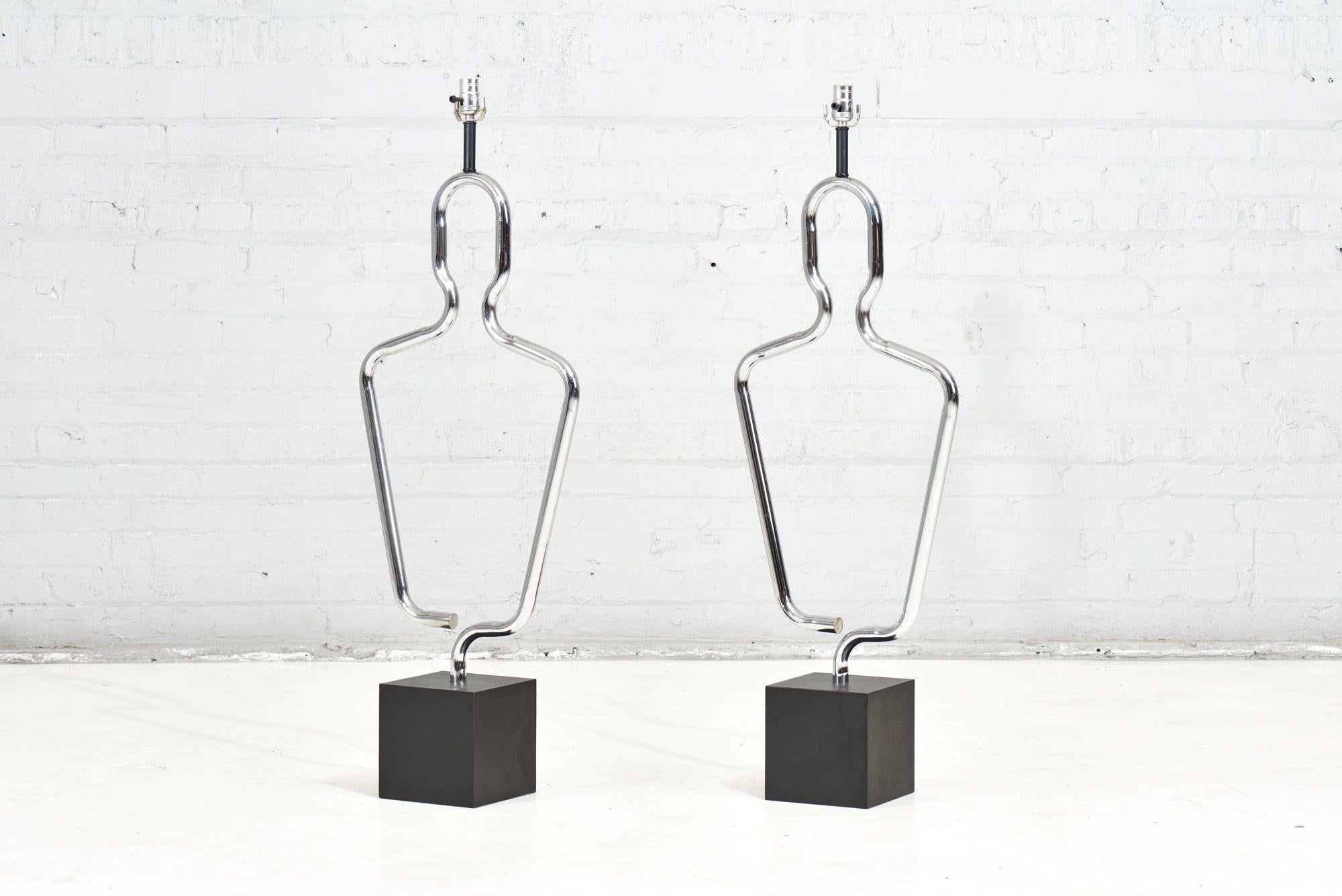 Mid-Century Modern Pair Sculptural Human Figure Chrome Table Lamps, 1970 For Sale