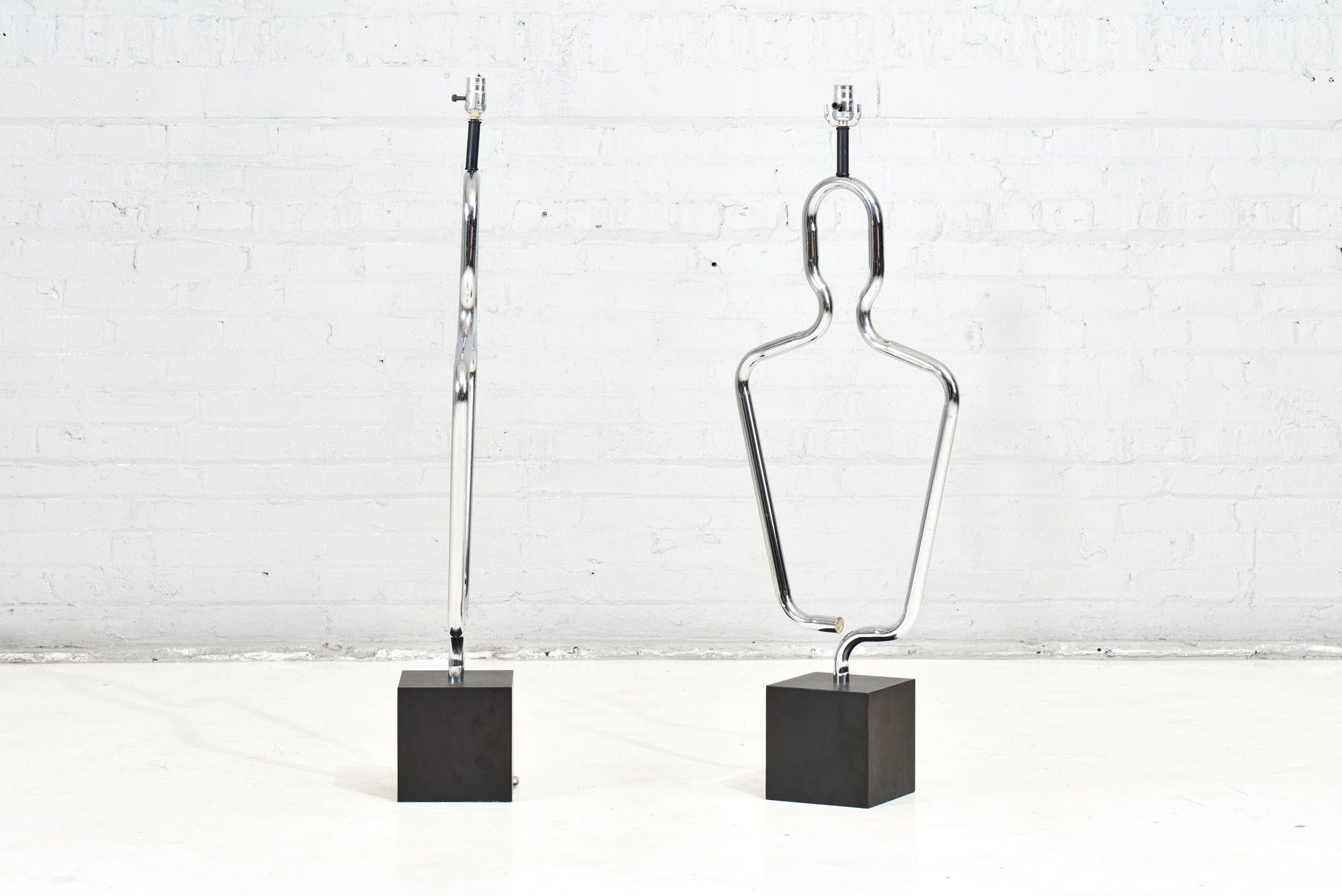 American Pair Sculptural Human Figure Chrome Table Lamps, 1970 For Sale