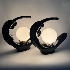 Pair Sculptural Moon Lady Black Art Deco Lady Lamps – 1980s Ceramic