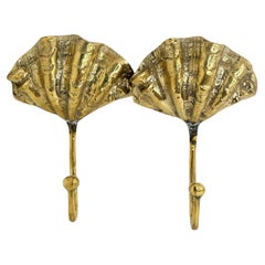 Pair Sea Shell Motif Towel Brass Bathroom Hooks, Vintage Austria 1910