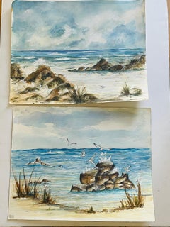 Pair Seascape Watercolor Art on Woven Paper