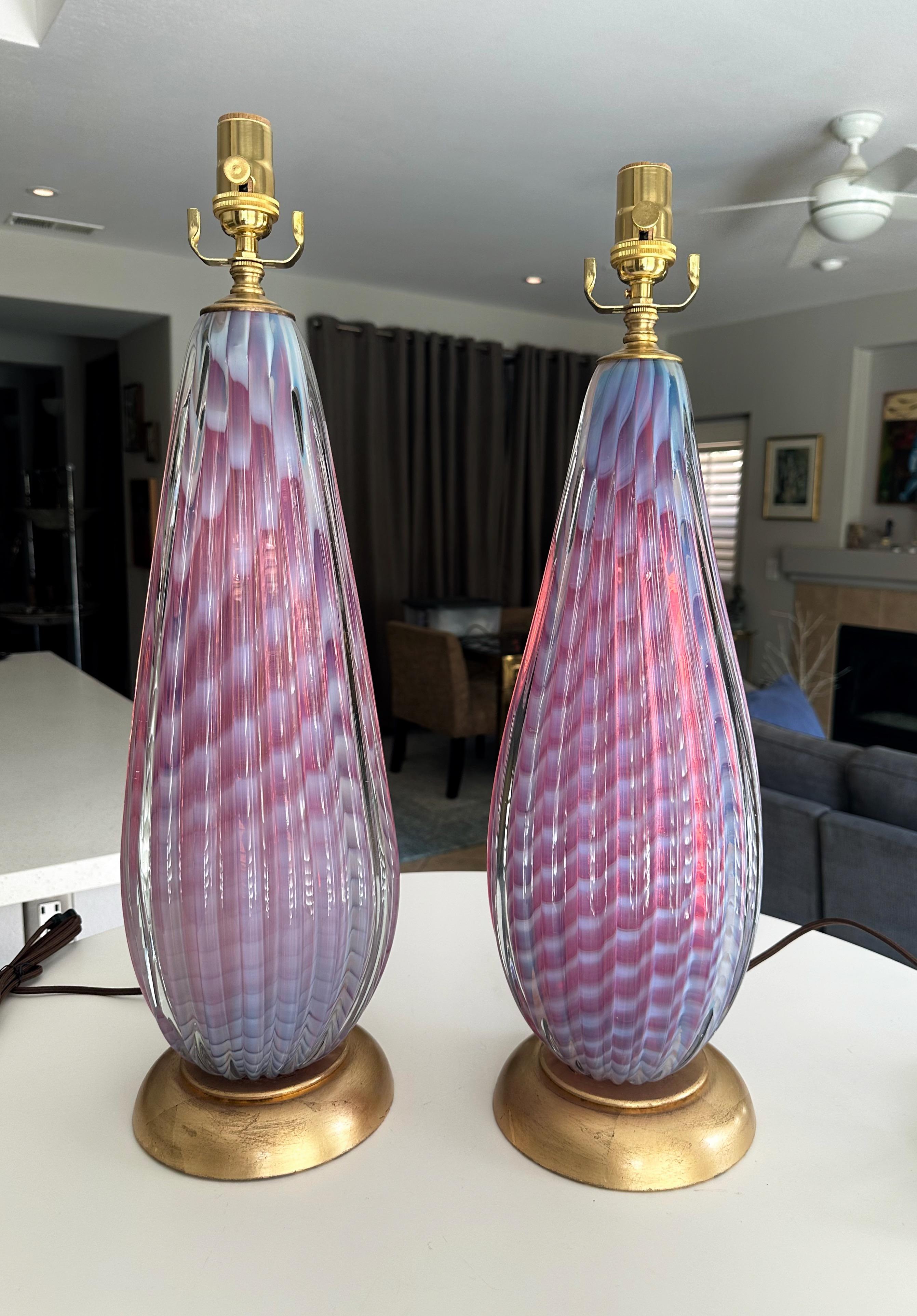 Pair Seguso Murano Opaline Stripped Lavender Glass Table Lamps For Sale 4