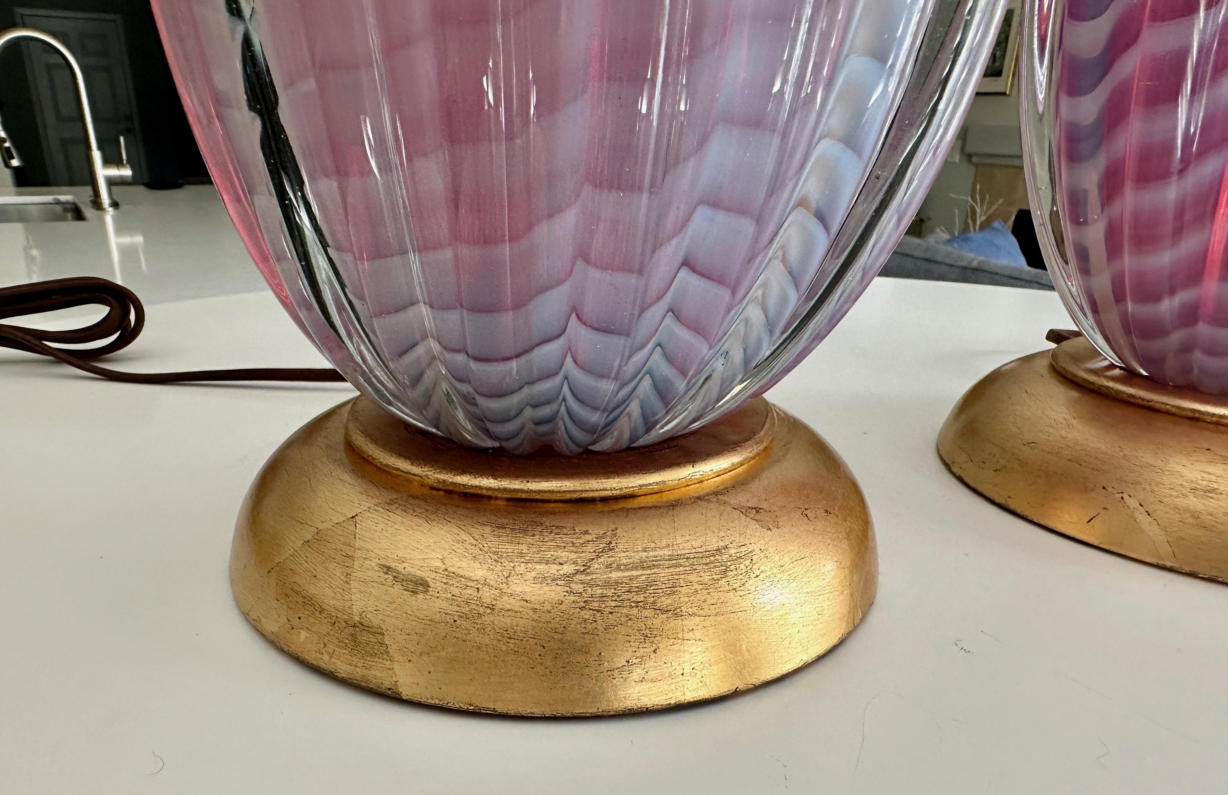 Pair Seguso Murano Opaline Stripped Lavender Glass Table Lamps For Sale 6