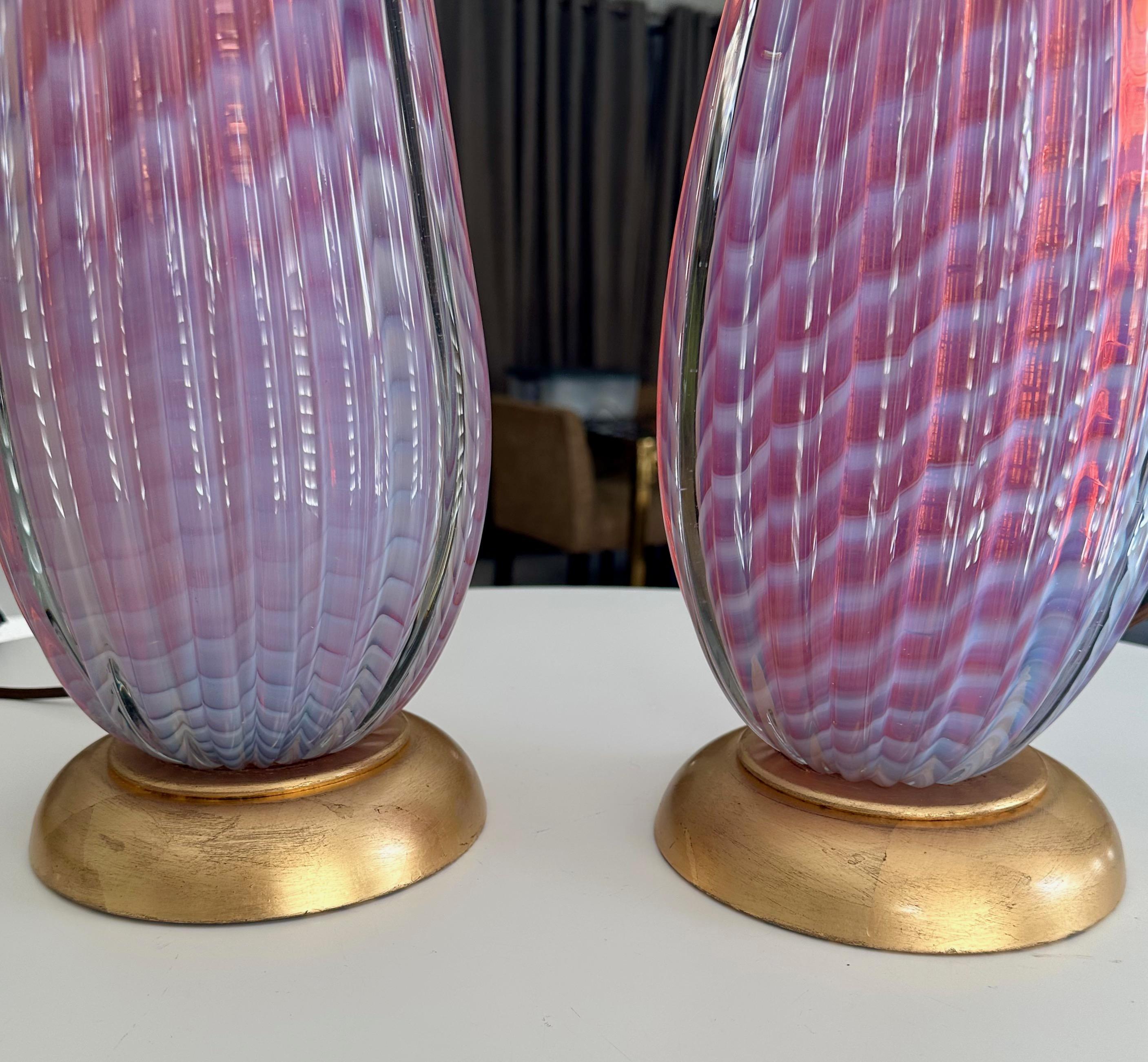 Pair Seguso Murano Opaline Stripped Lavender Glass Table Lamps For Sale 8