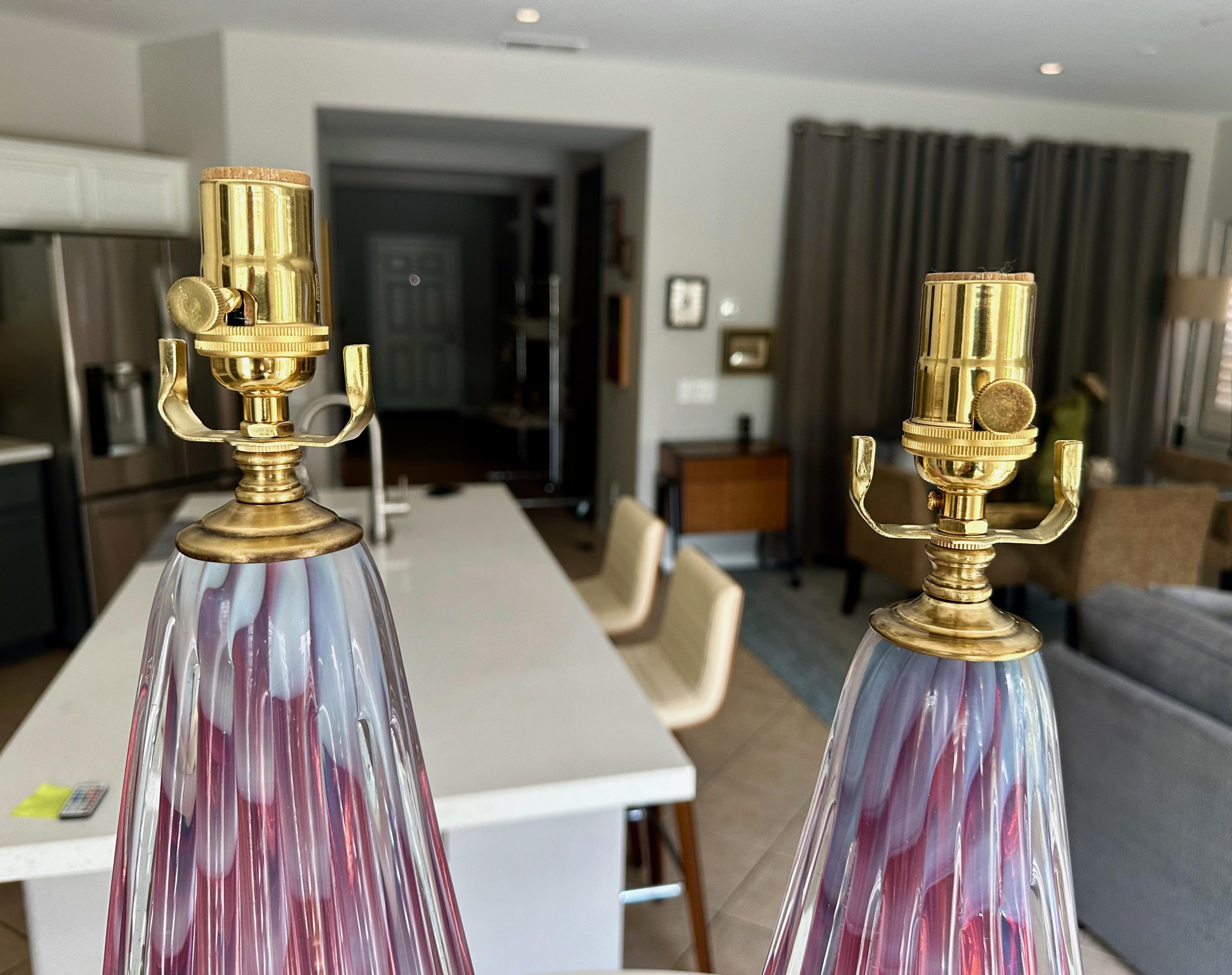 Pair Seguso Murano Opaline Stripped Lavender Glass Table Lamps For Sale 9