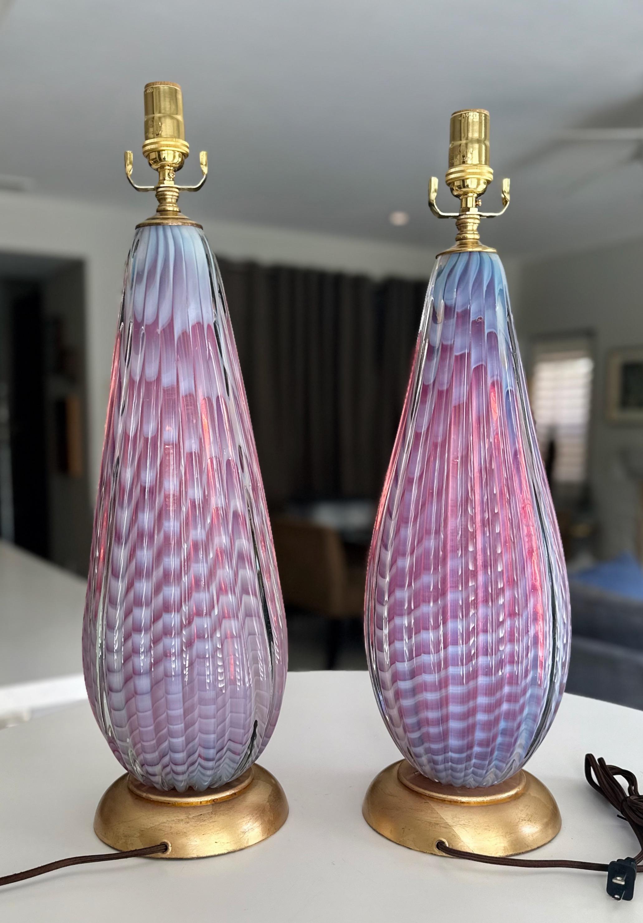 Pair Seguso Murano Opaline Stripped Lavender Glass Table Lamps For Sale 10