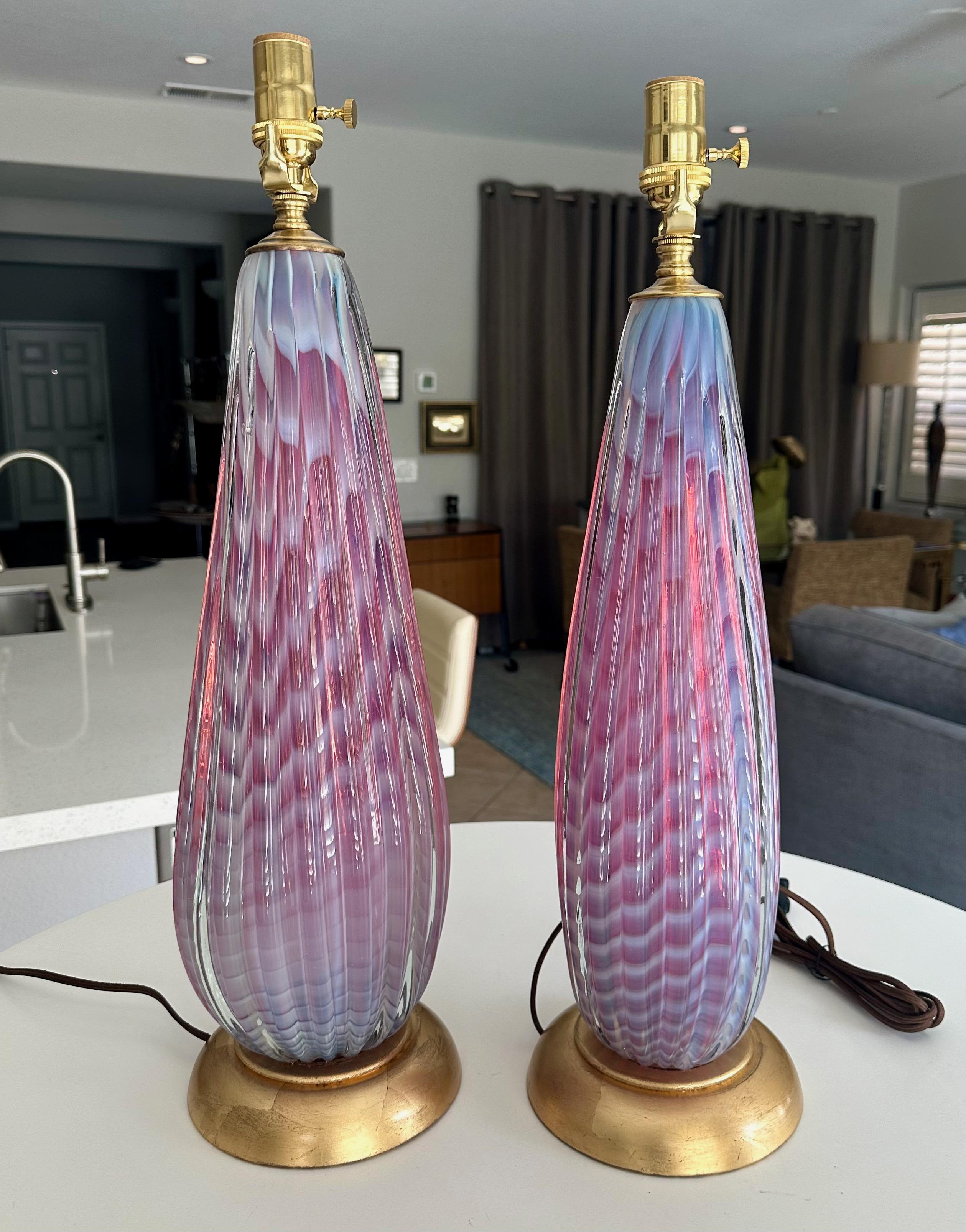 Pair Seguso Murano Opaline Stripped Lavender Glass Table Lamps For Sale 11