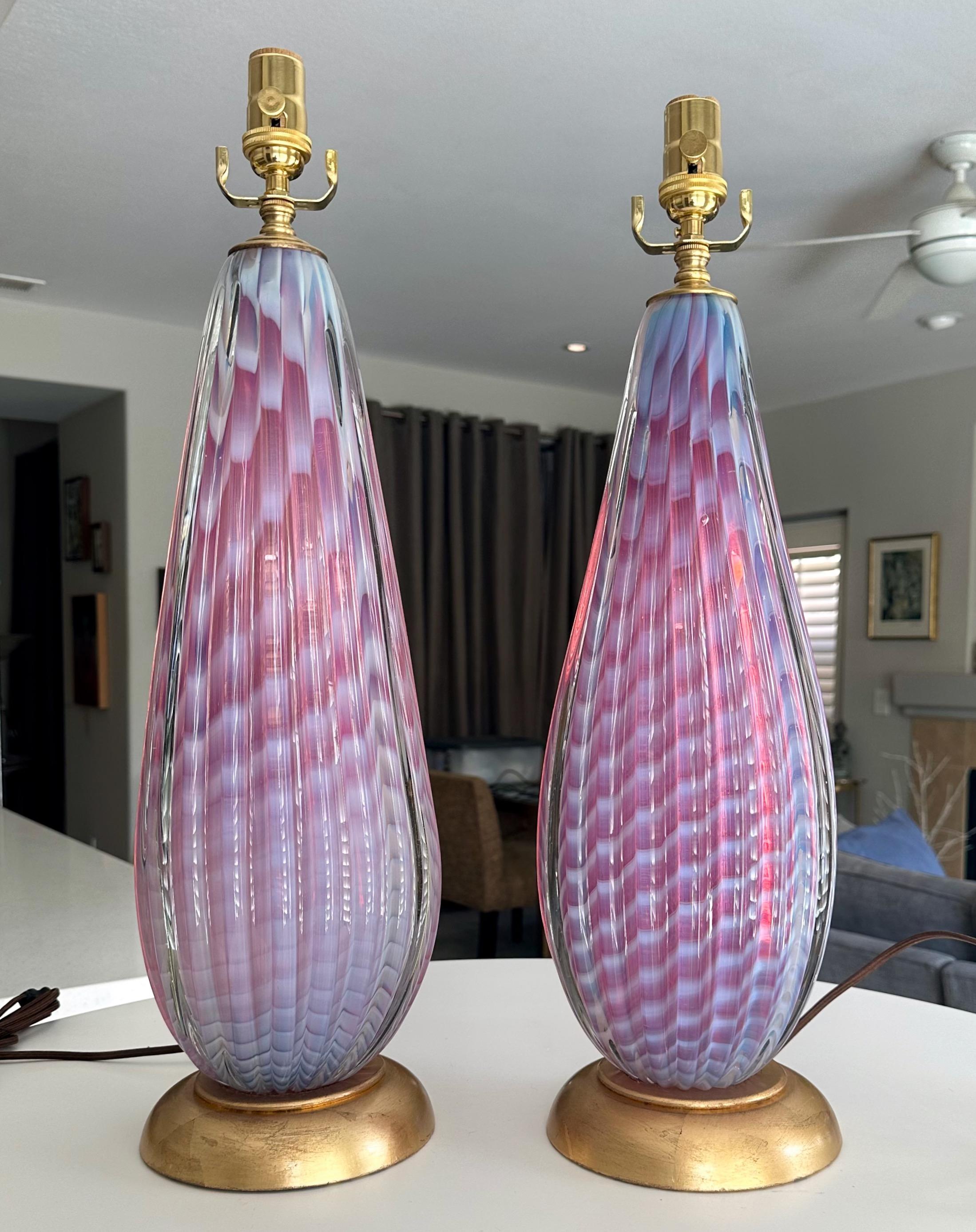 Pair Seguso Murano Opaline Stripped Lavender Glass Table Lamps For Sale 12