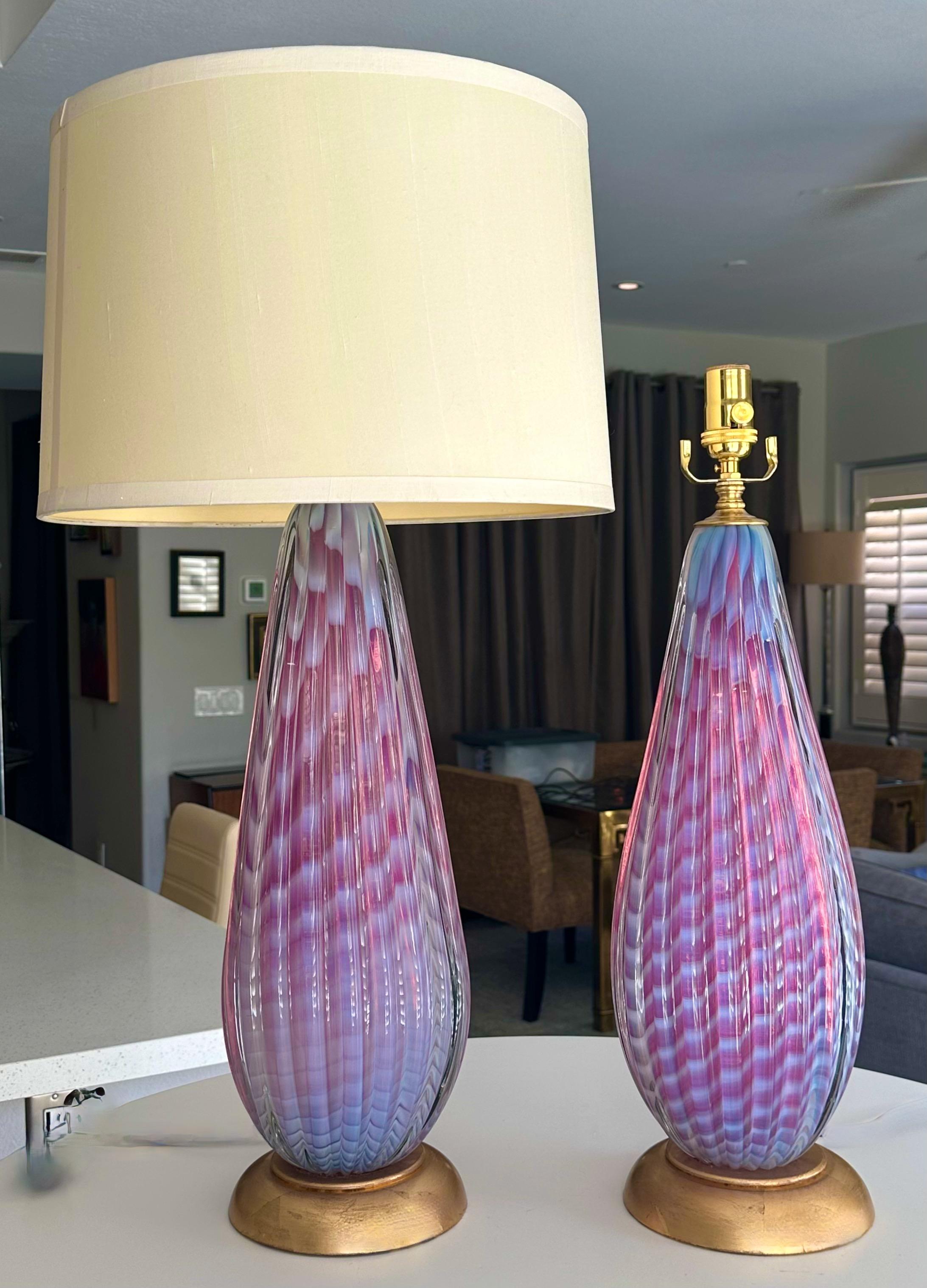 Pair Seguso Murano Opaline Stripped Lavender Glass Table Lamps For Sale 13