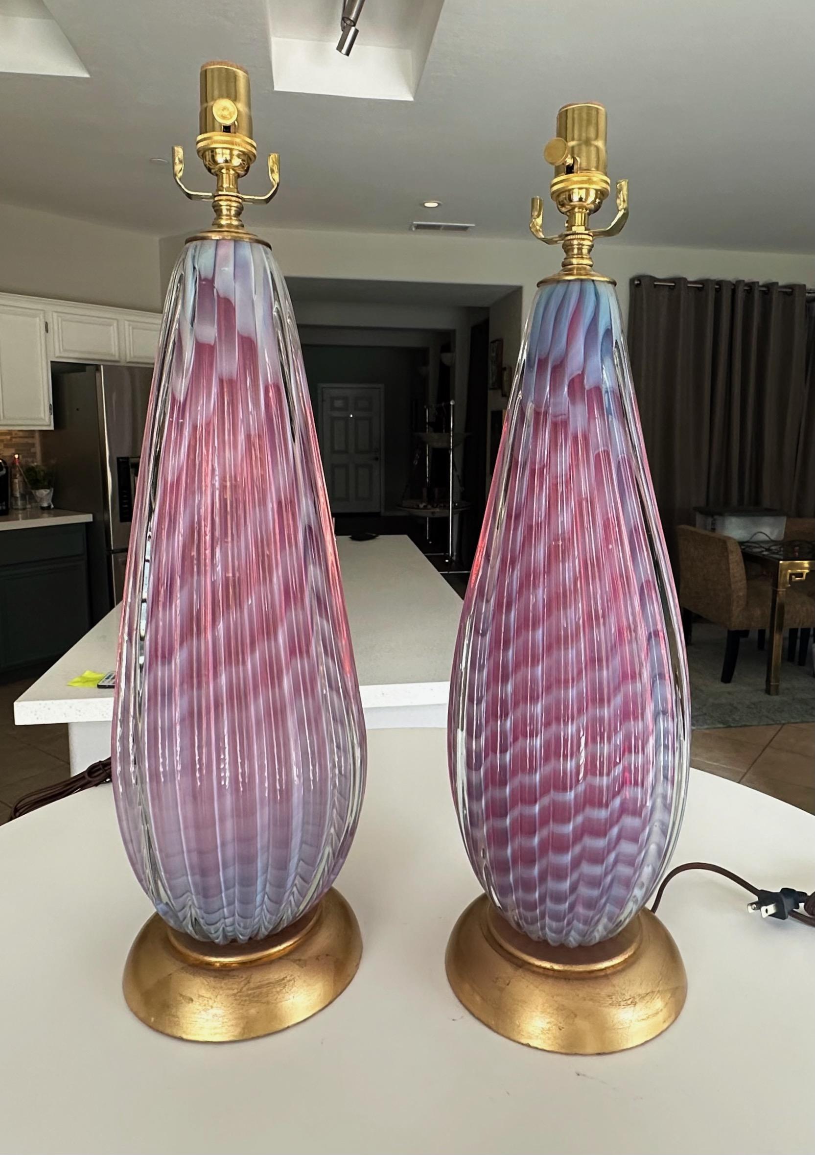 Italian Pair Seguso Murano Opaline Stripped Lavender Glass Table Lamps For Sale