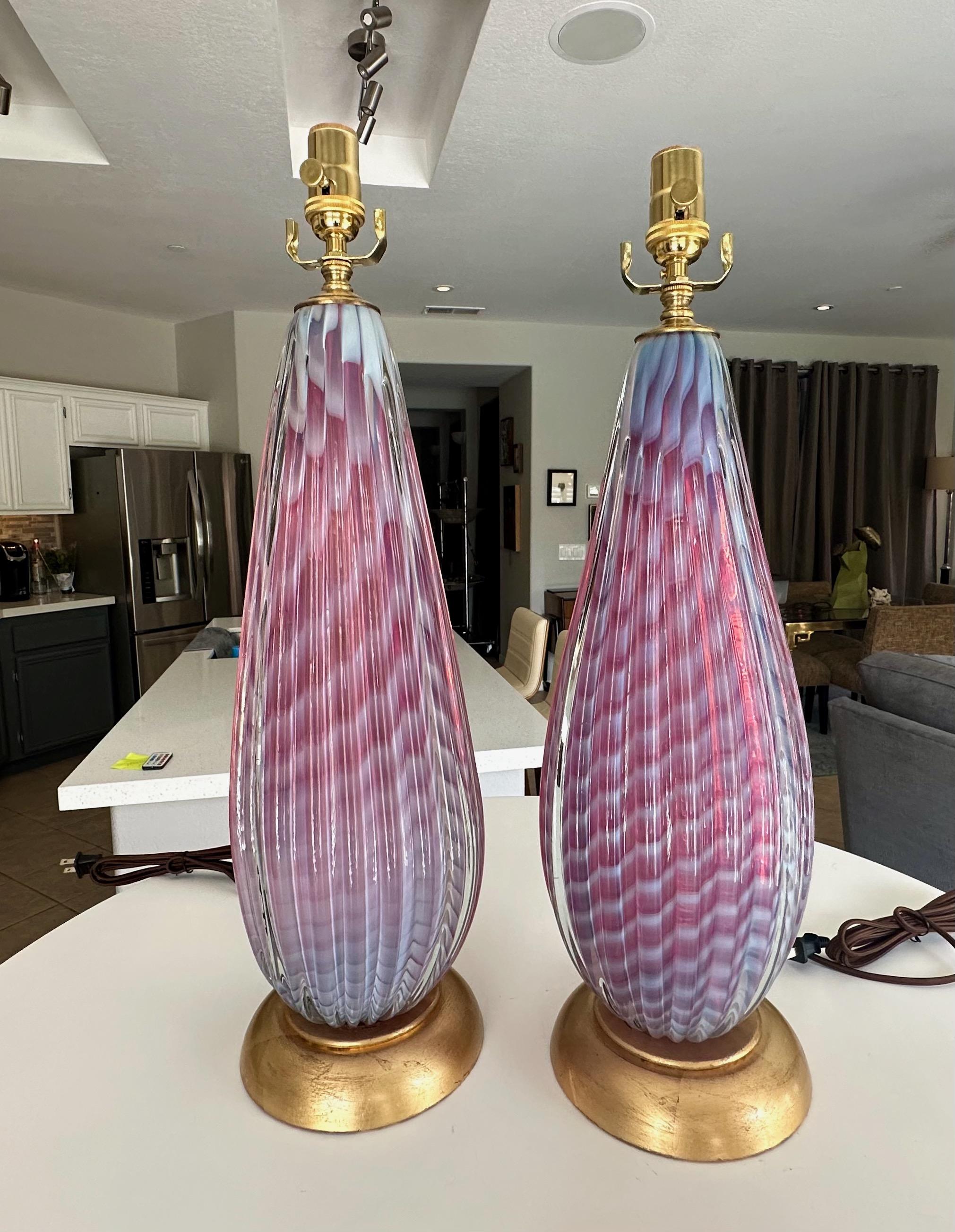 Pair Seguso Murano Opaline Stripped Lavender Glass Table Lamps In Good Condition For Sale In Palm Springs, CA