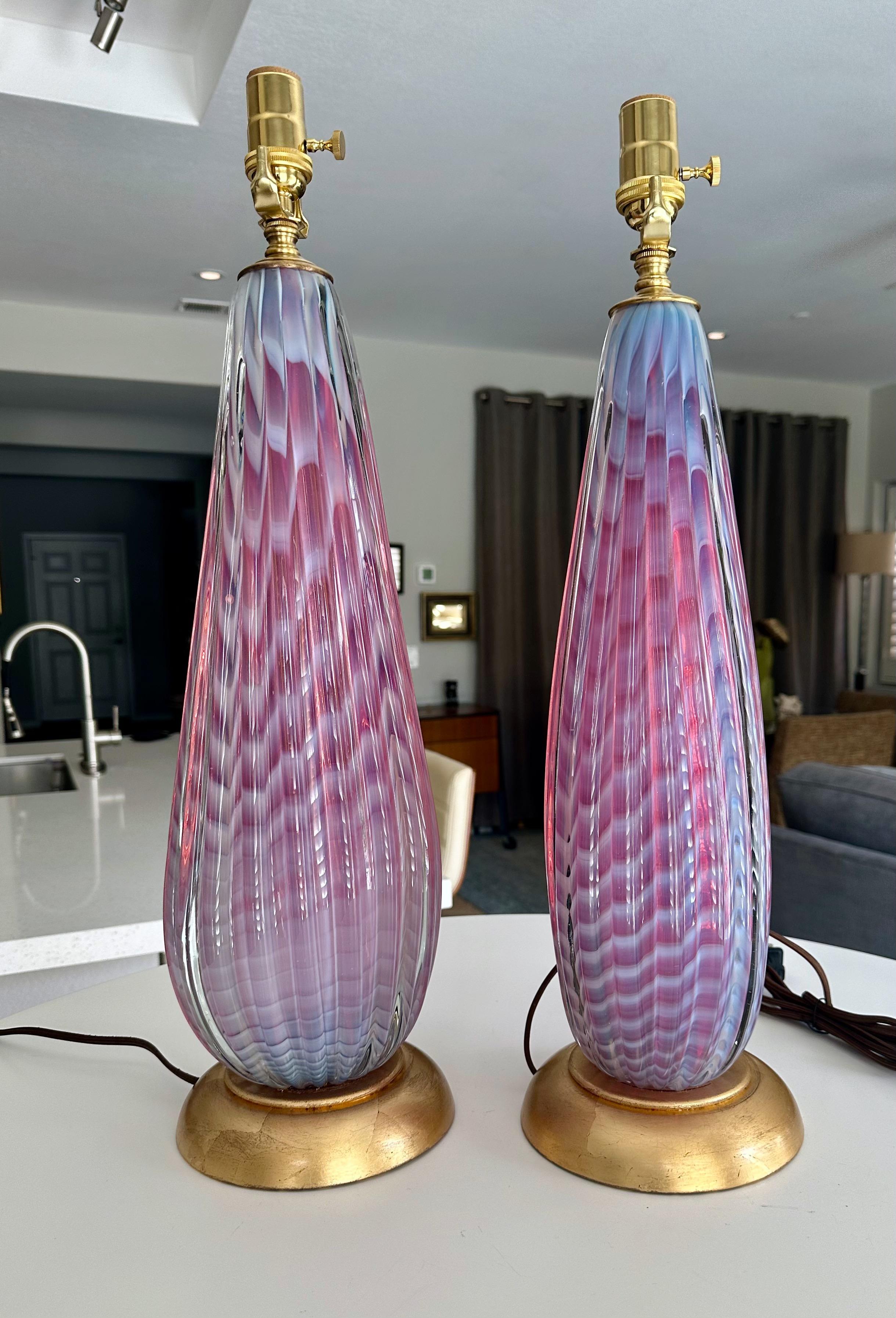 Mid-20th Century Pair Seguso Murano Opaline Stripped Lavender Glass Table Lamps For Sale
