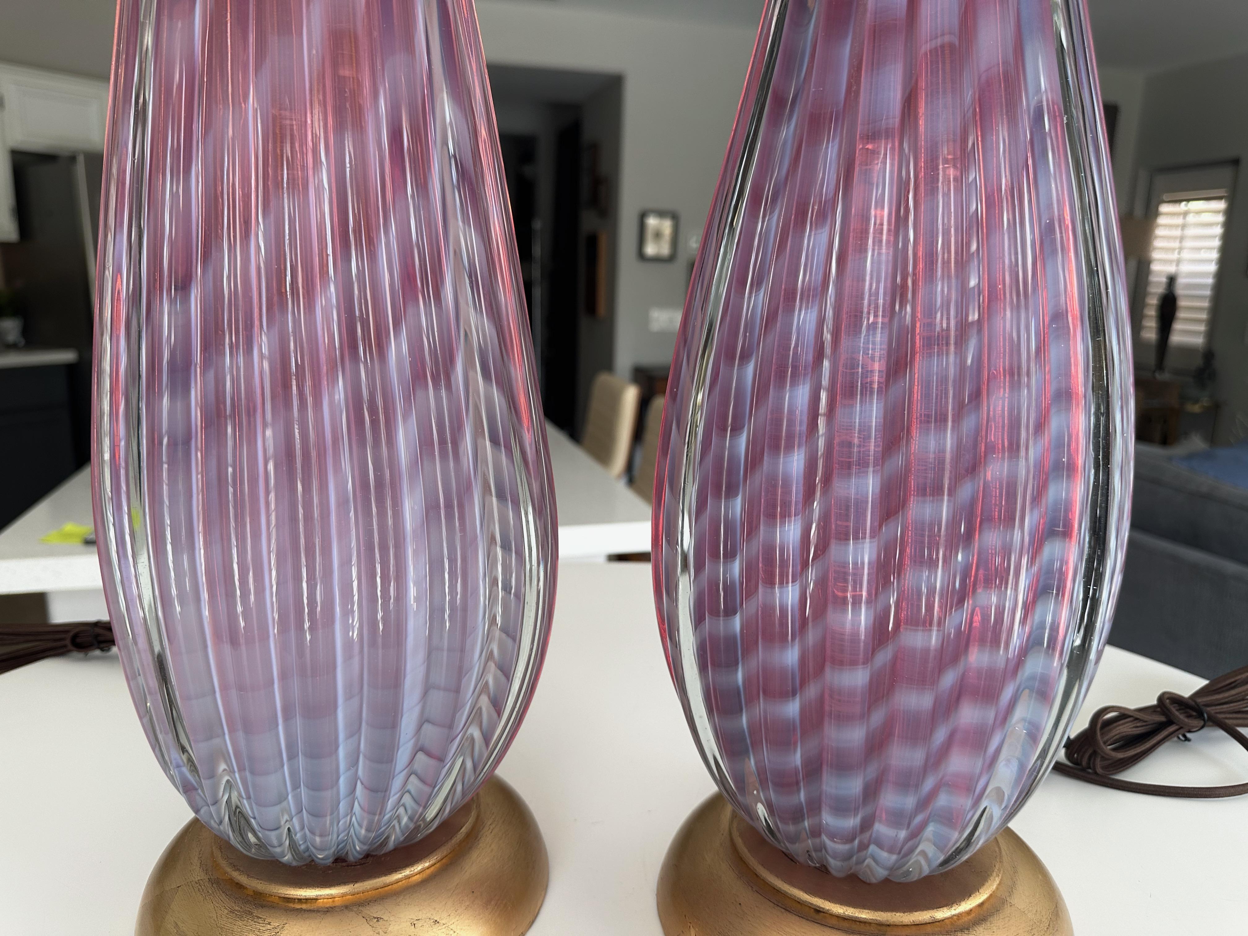 Brass Pair Seguso Murano Opaline Stripped Lavender Glass Table Lamps For Sale
