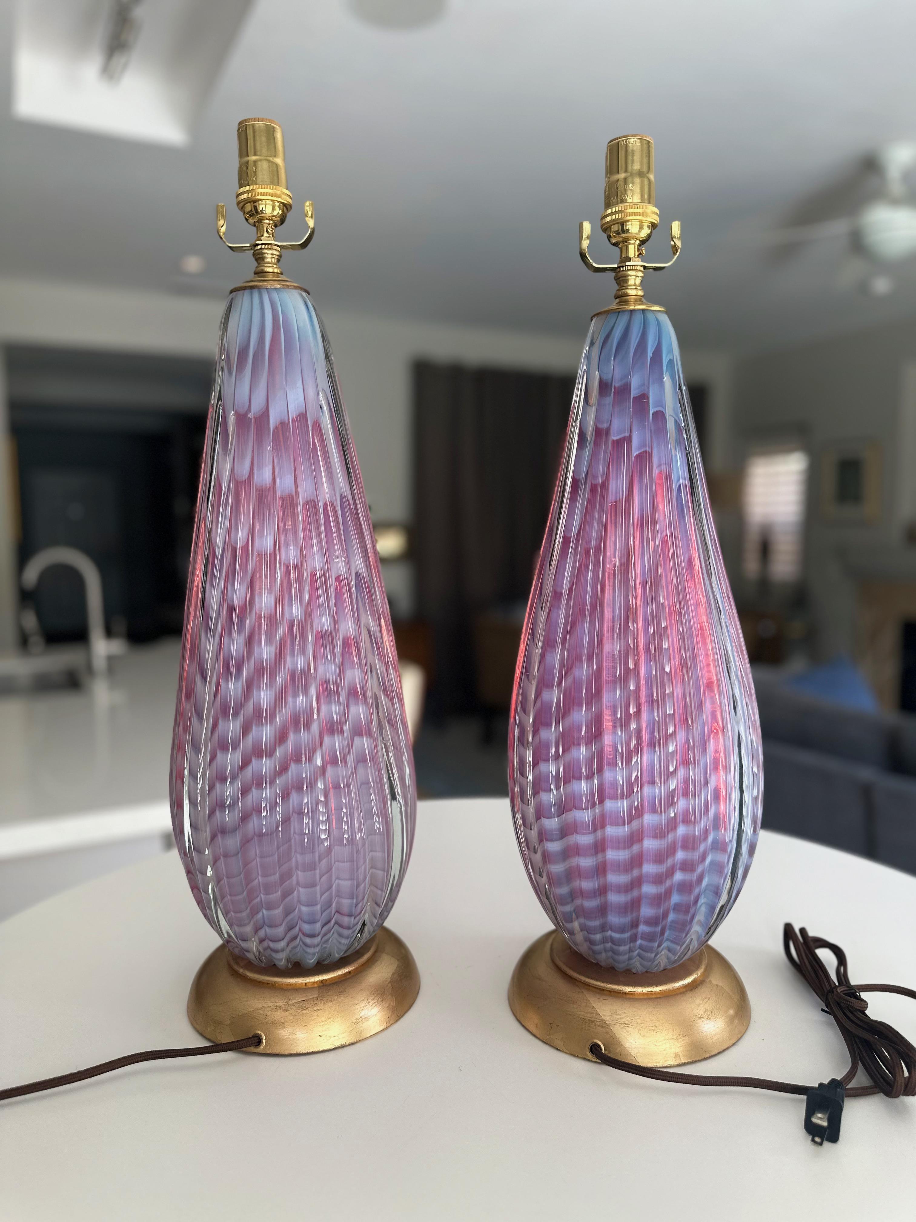 Pair Seguso Murano Opaline Stripped Lavender Glass Table Lamps For Sale 1