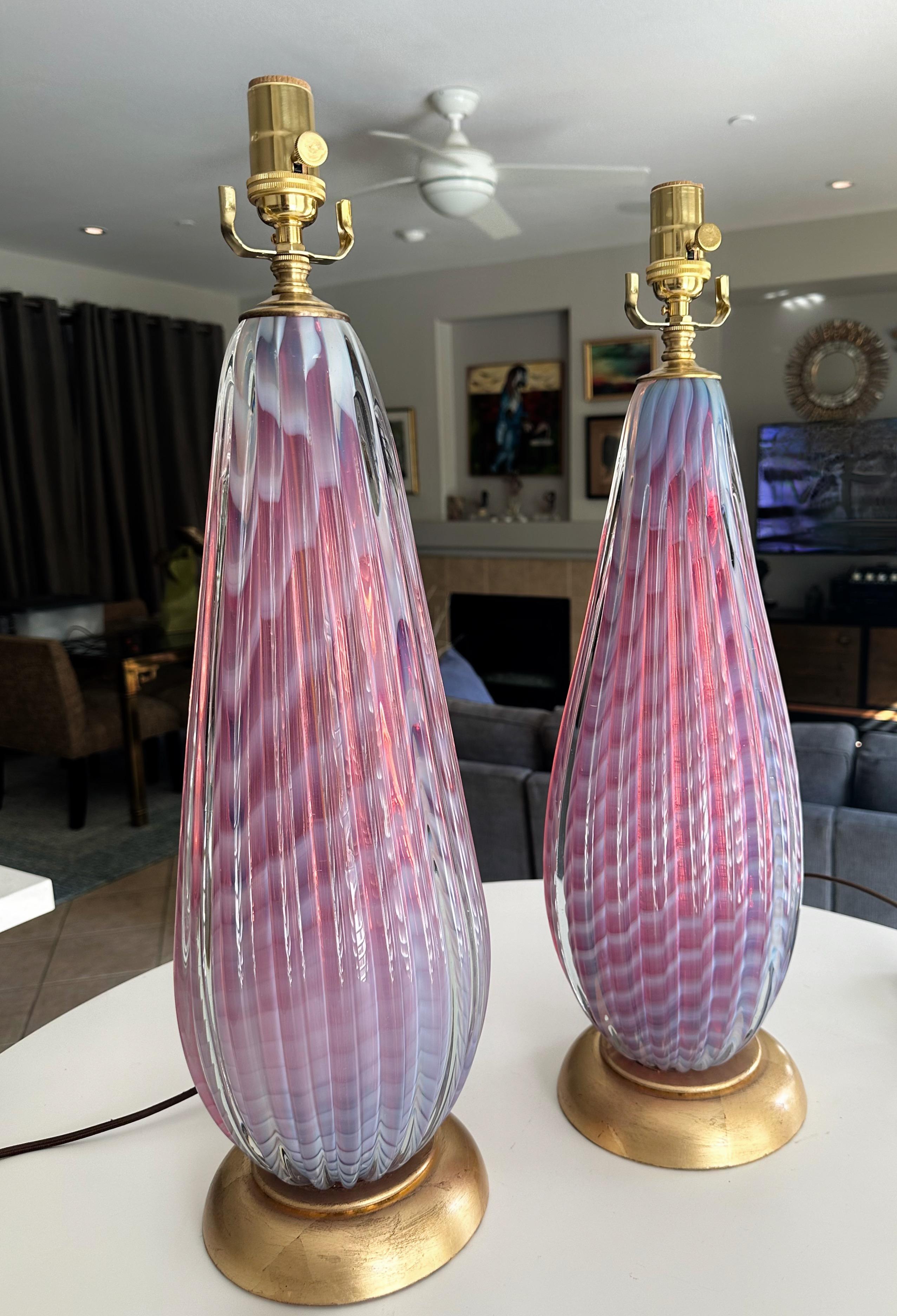 Pair Seguso Murano Opaline Stripped Lavender Glass Table Lamps For Sale 2