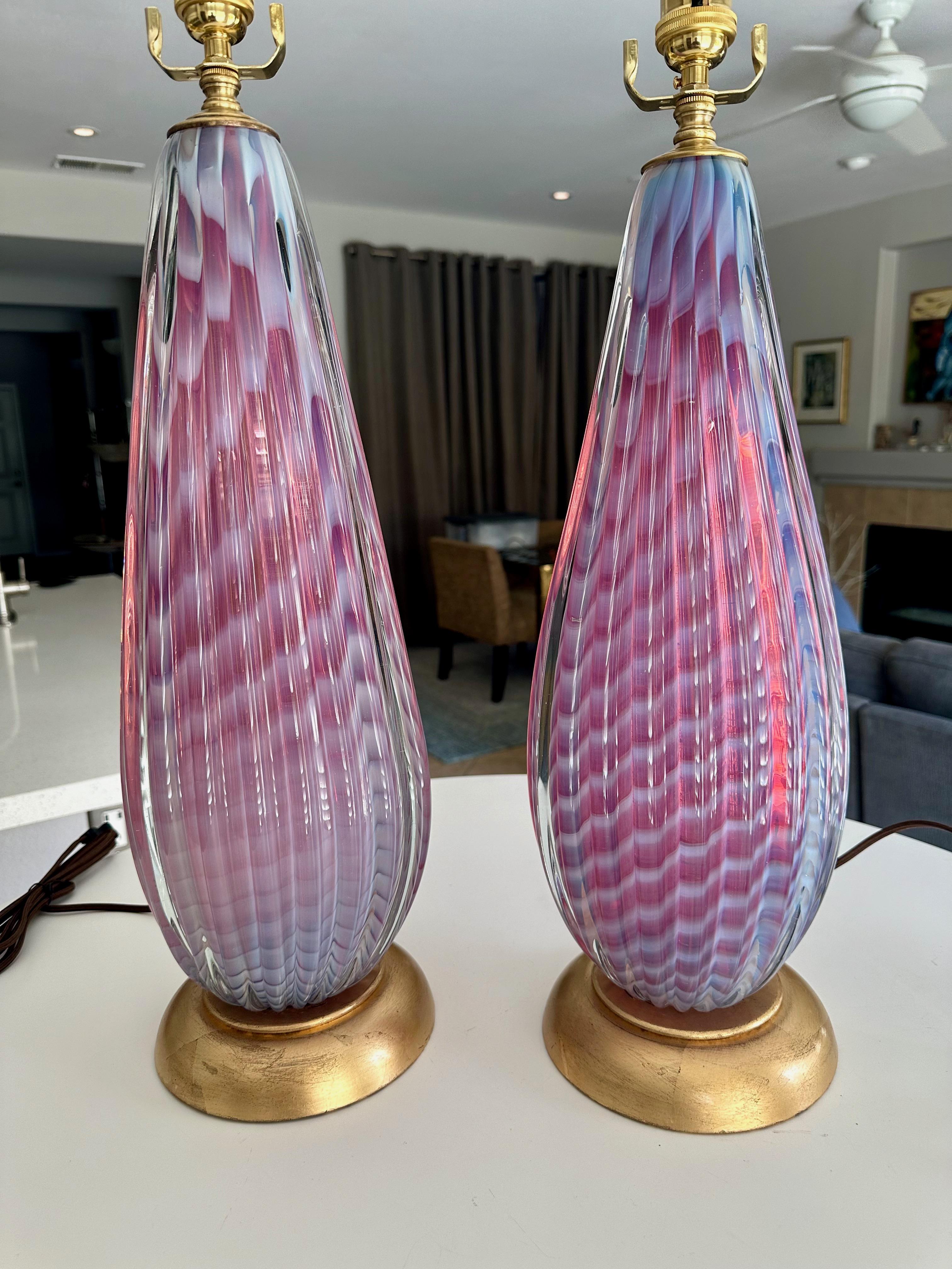Pair Seguso Murano Opaline Stripped Lavender Glass Table Lamps For Sale 3