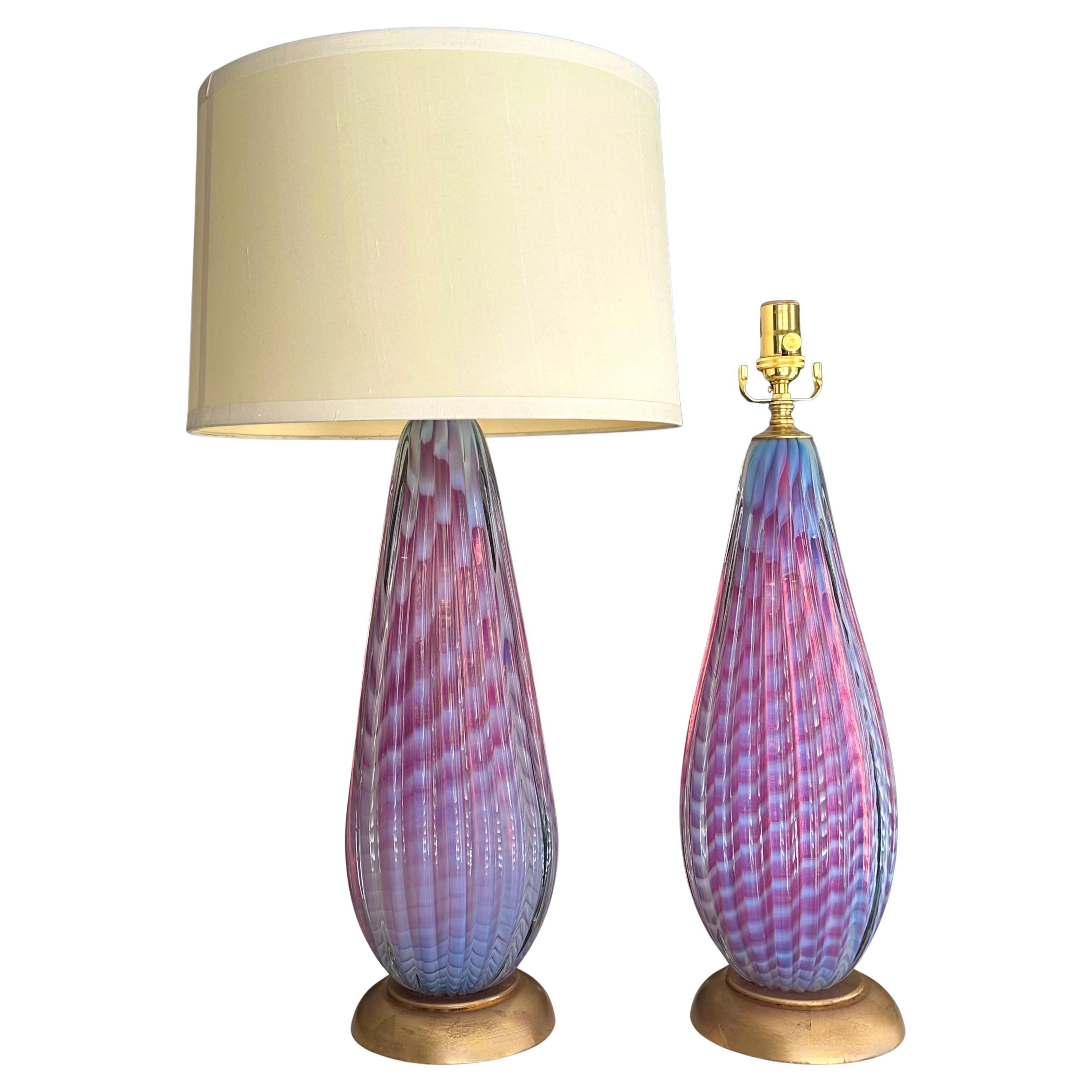Pair Seguso Murano Opaline Stripped Lavender Glass Table Lamps