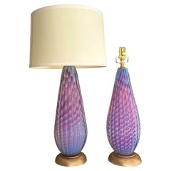 Pair Seguso Murano Opaline Stripped Lavender Glass Table Lamps