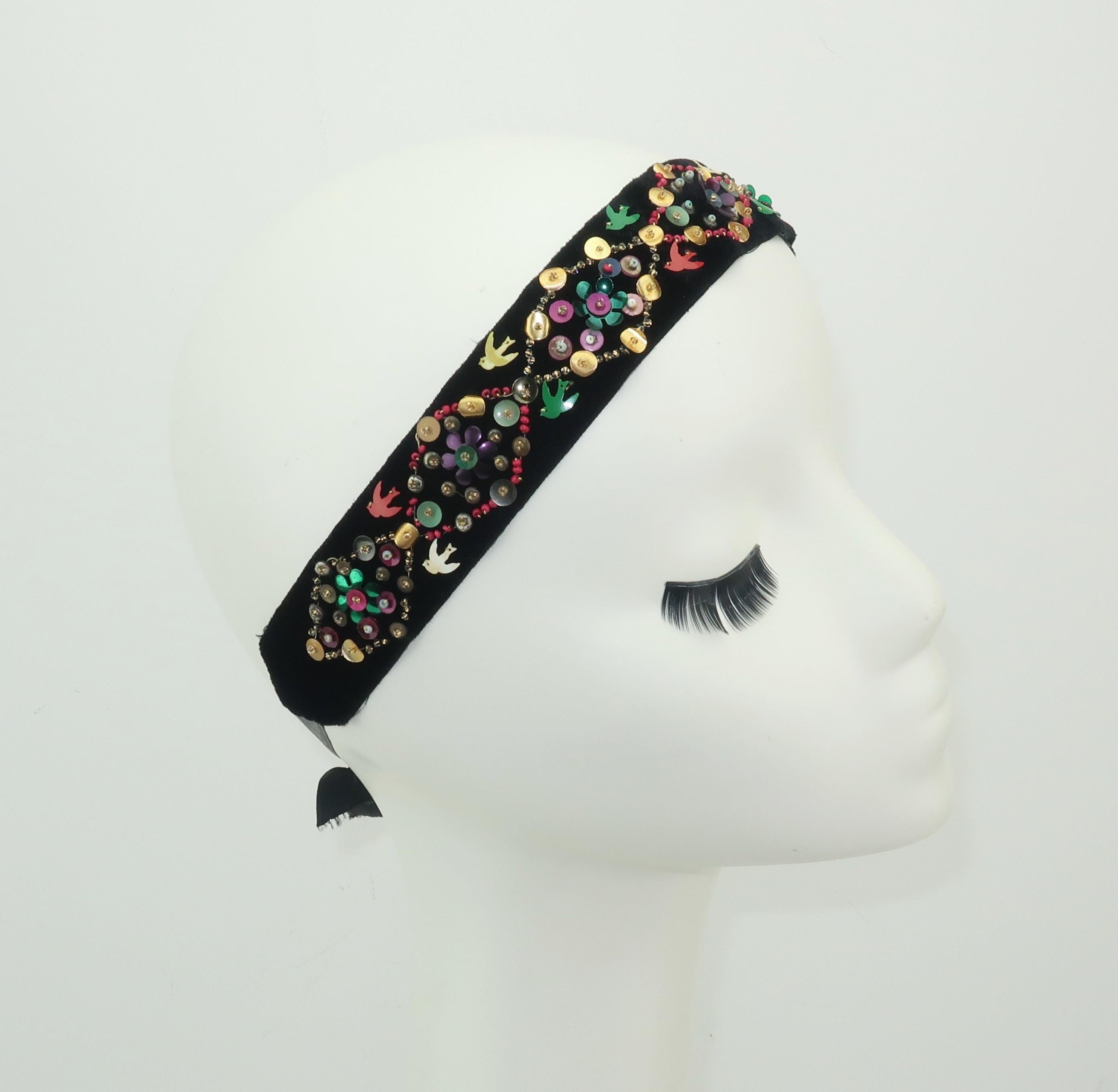 Black Pair Sequin Embellished 1930's Velvet Ribbon Headbands