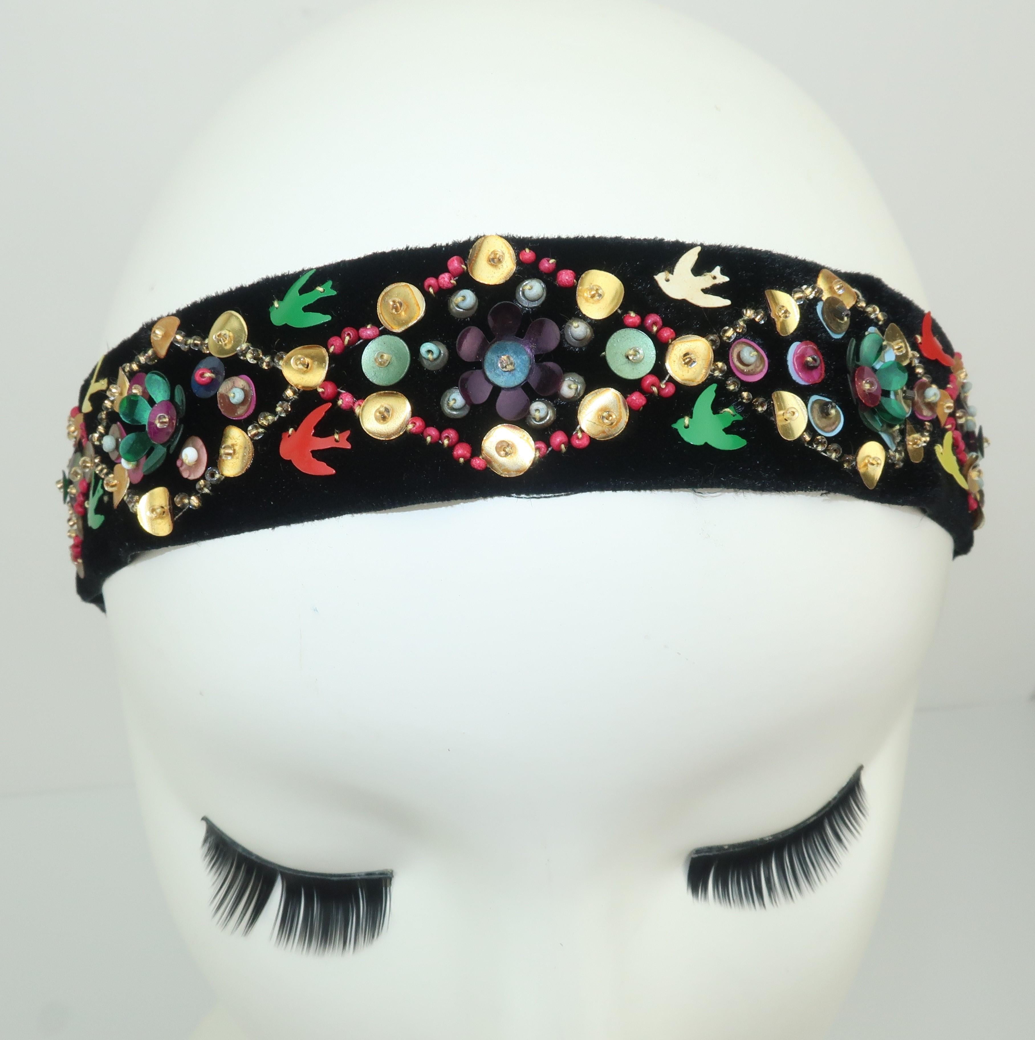 Pair Sequin Embellished 1930's Velvet Ribbon Headbands In Good Condition In Atlanta, GA