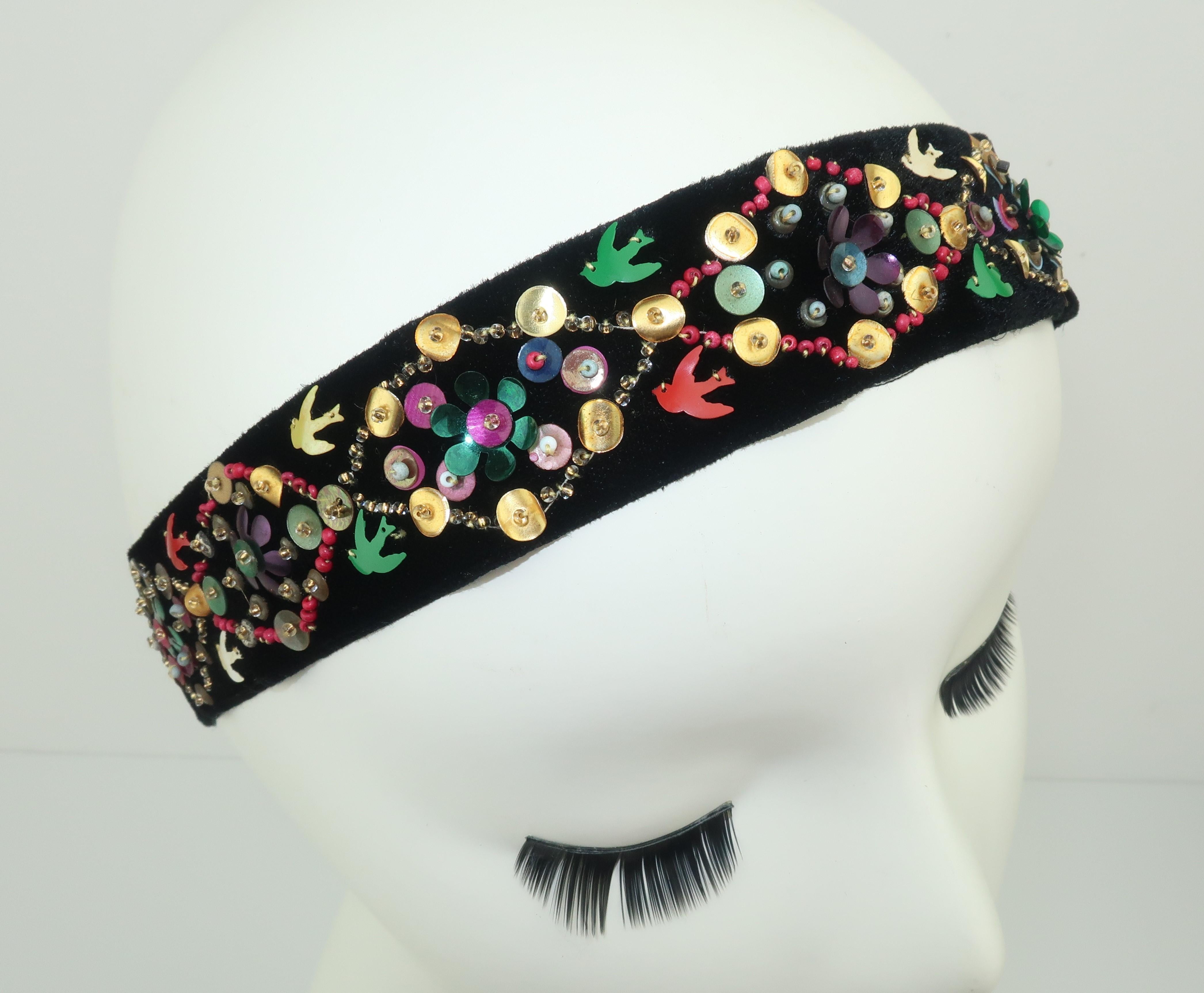 Women's Pair Sequin Embellished 1930's Velvet Ribbon Headbands