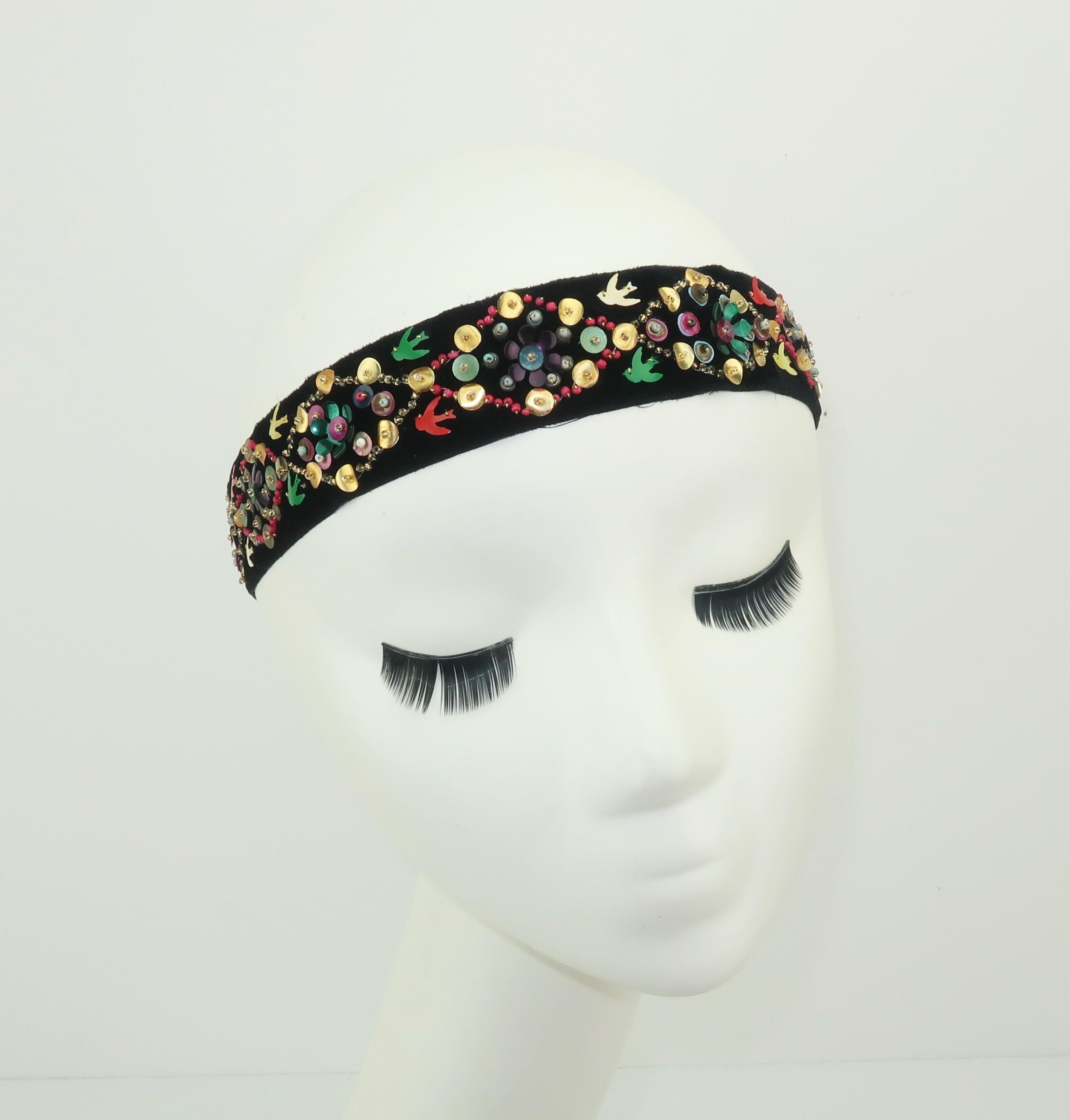 Pair Sequin Embellished 1930's Velvet Ribbon Headbands 1