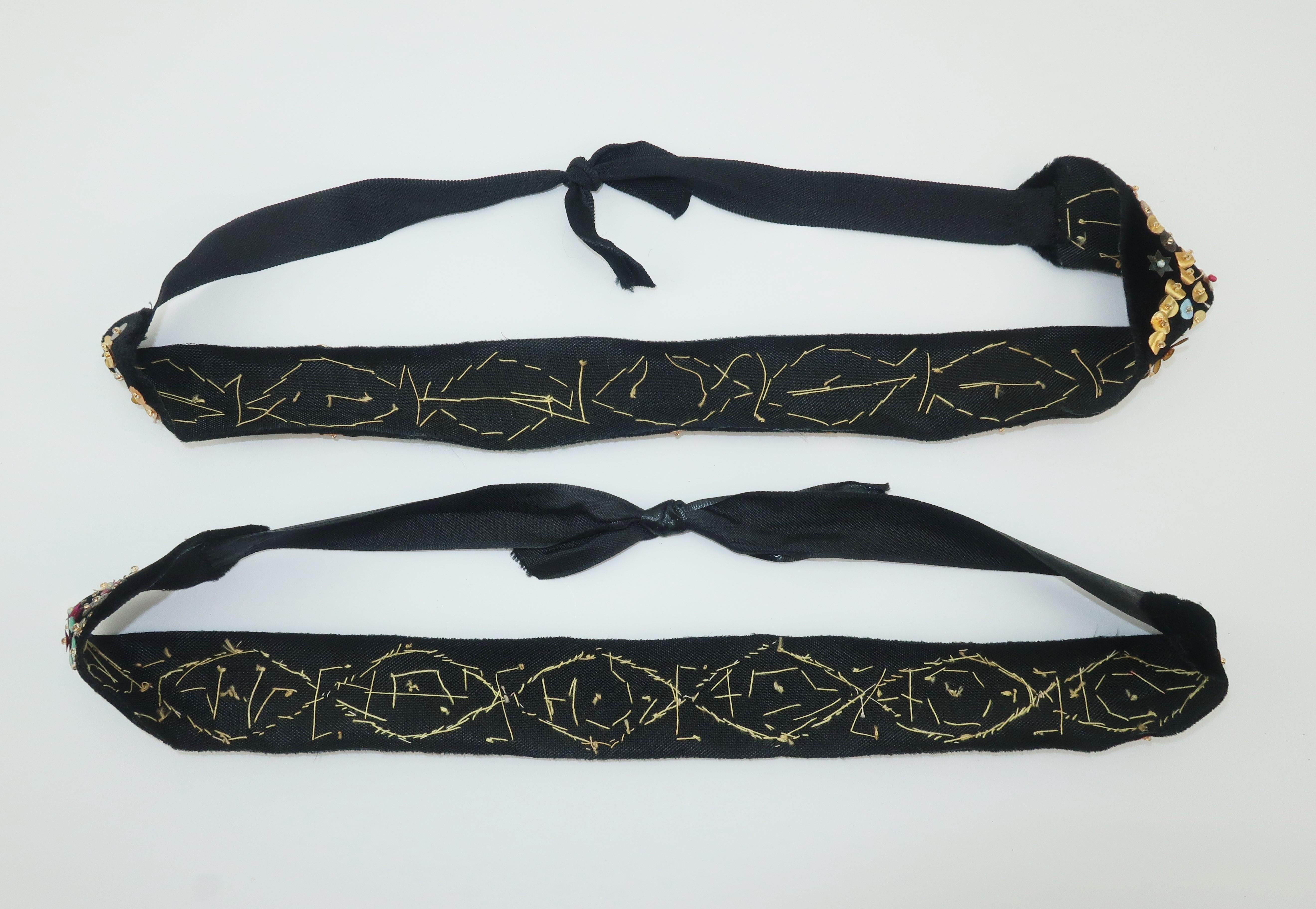 Pair Sequin Embellished 1930's Velvet Ribbon Headbands 2