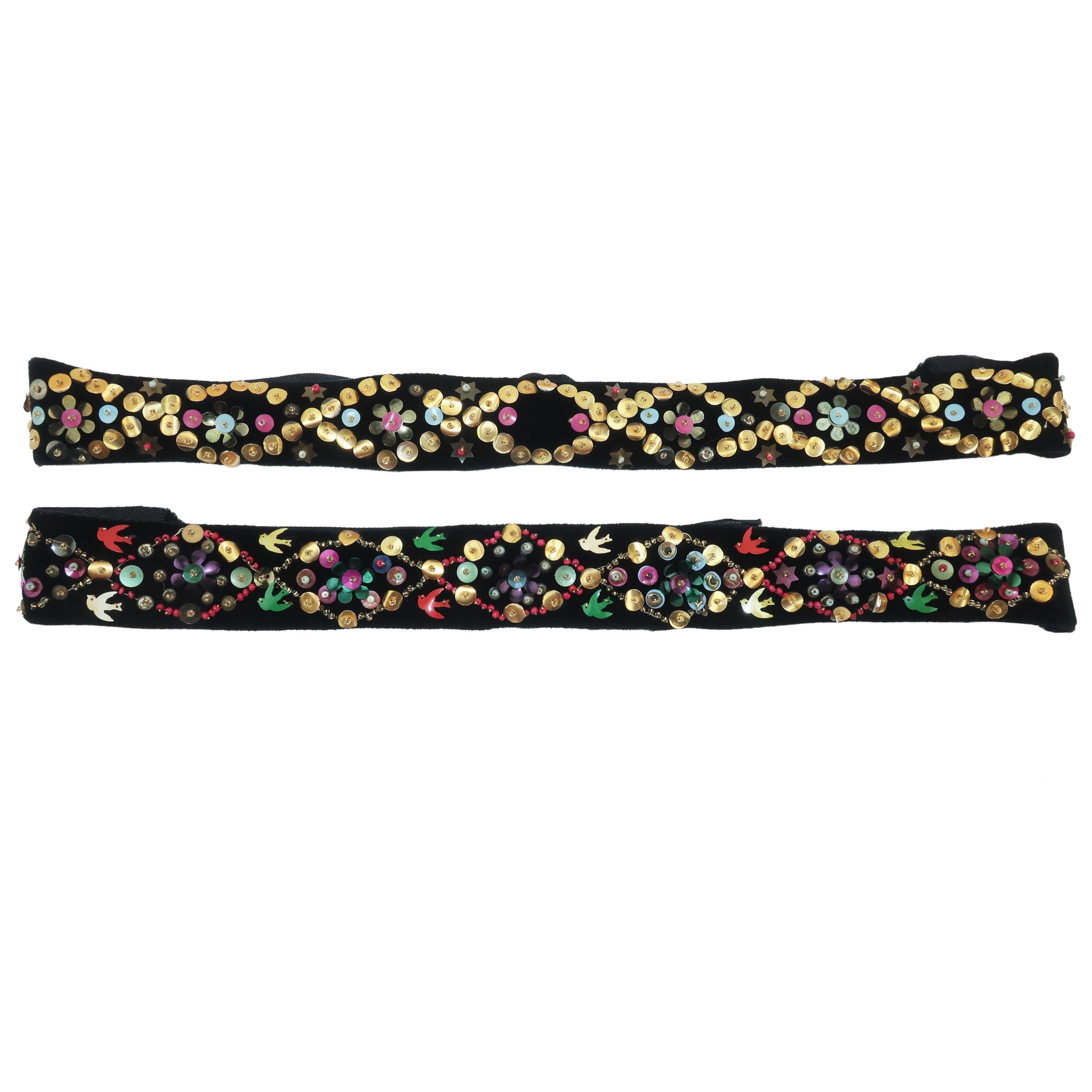 Pair Sequin Embellished 1930's Velvet Ribbon Headbands