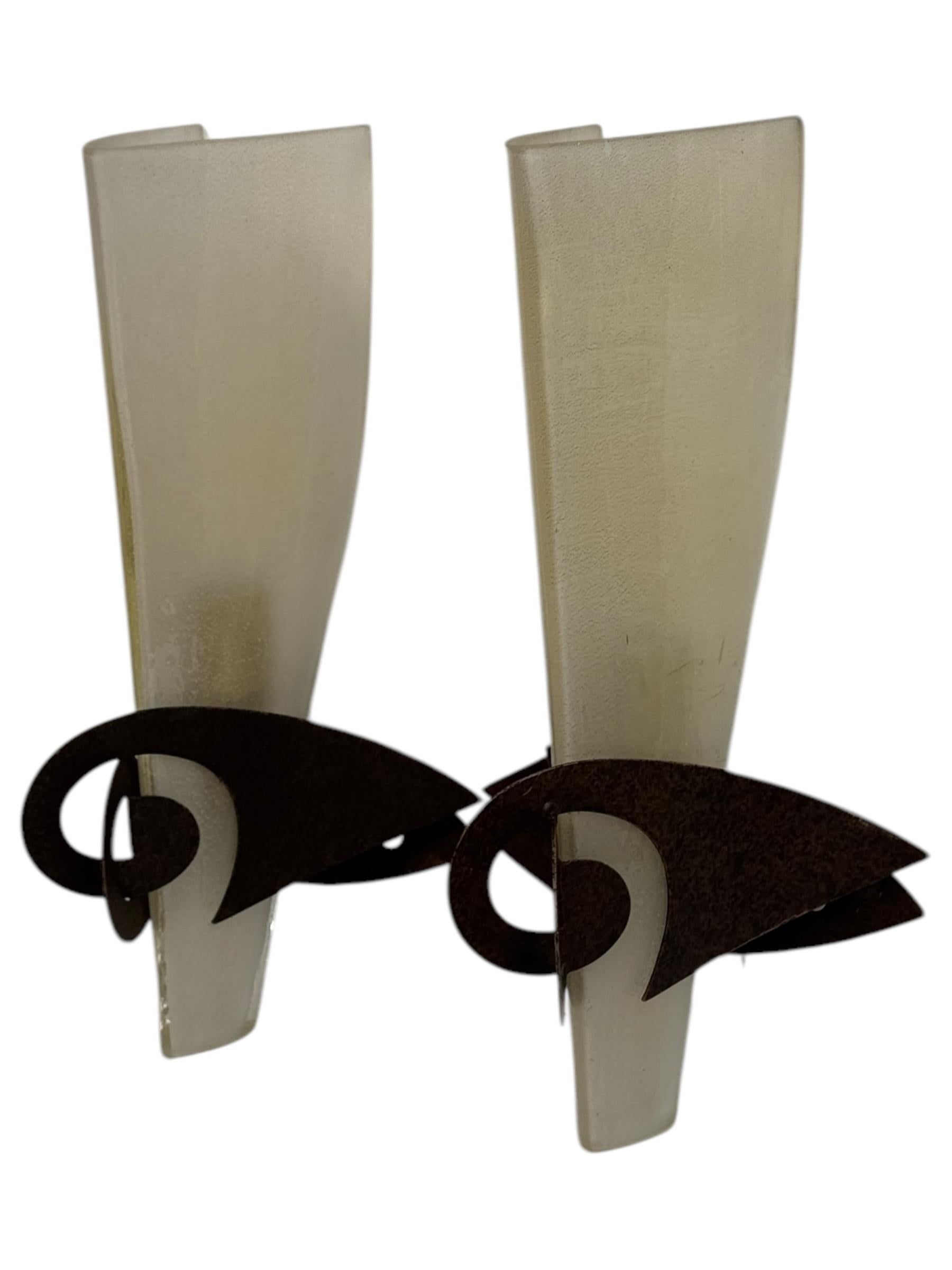 Italian Pair Sergio Terzani Phantom Gold Inclusions Torch Wall Sconces Italy, 1980s For Sale