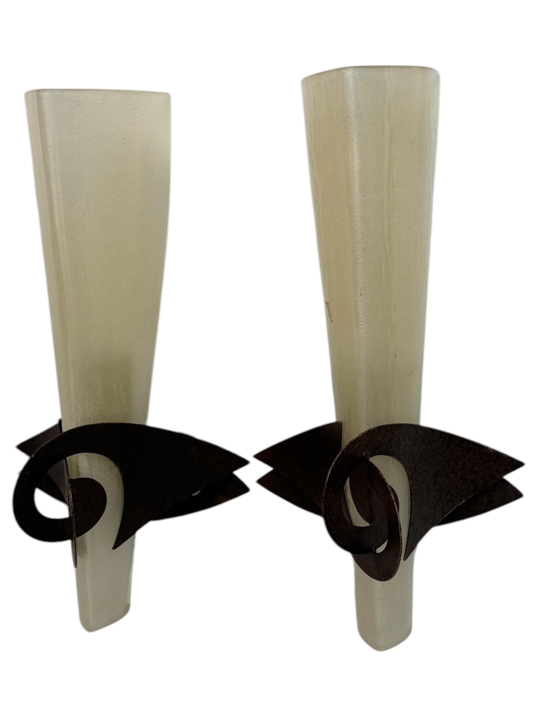 Metal Pair Sergio Terzani Phantom Gold Inclusions Torch Wall Sconces Italy, 1980s For Sale