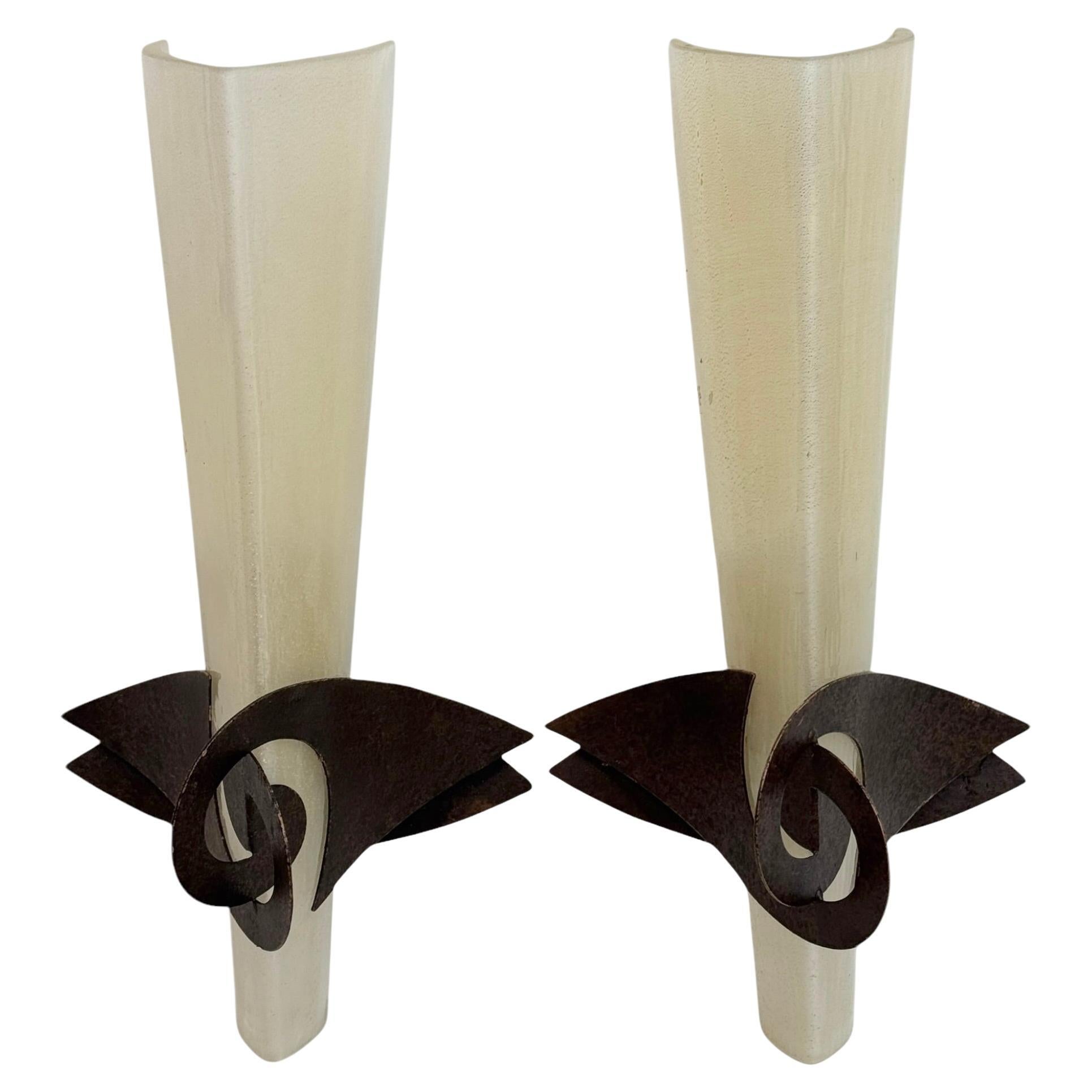 Pair Sergio Terzani Phantom Gold Inclusions Torch Wall Sconces Italy, 1980s For Sale