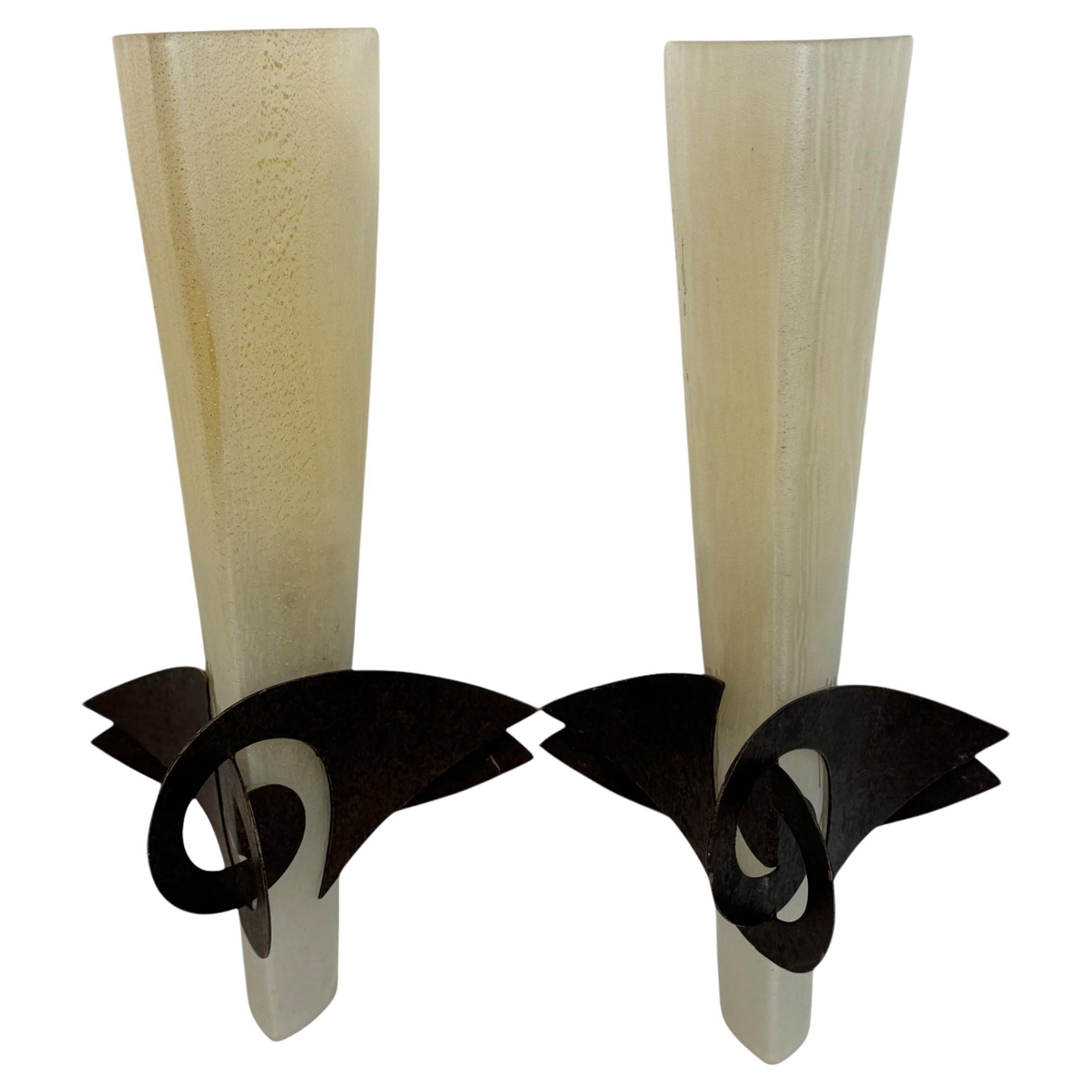 Pair Sergio Terzani Phantom Gold Inclusions Torch Wall Sconces Italy, 1980s