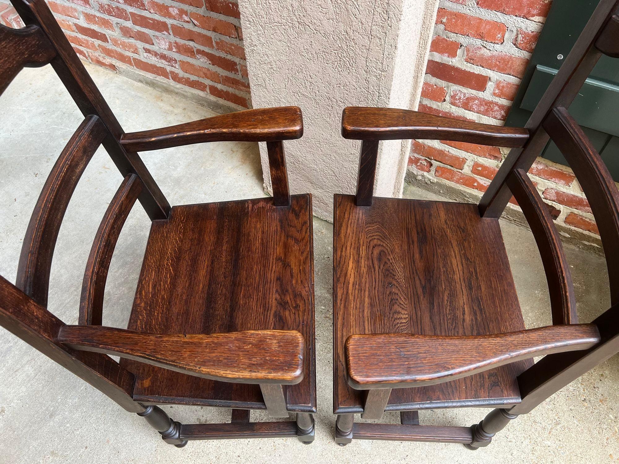 PAIR SET 2 Antique French Arm Dining Chair Ladder Back Carved Dark Oak For Sale 4