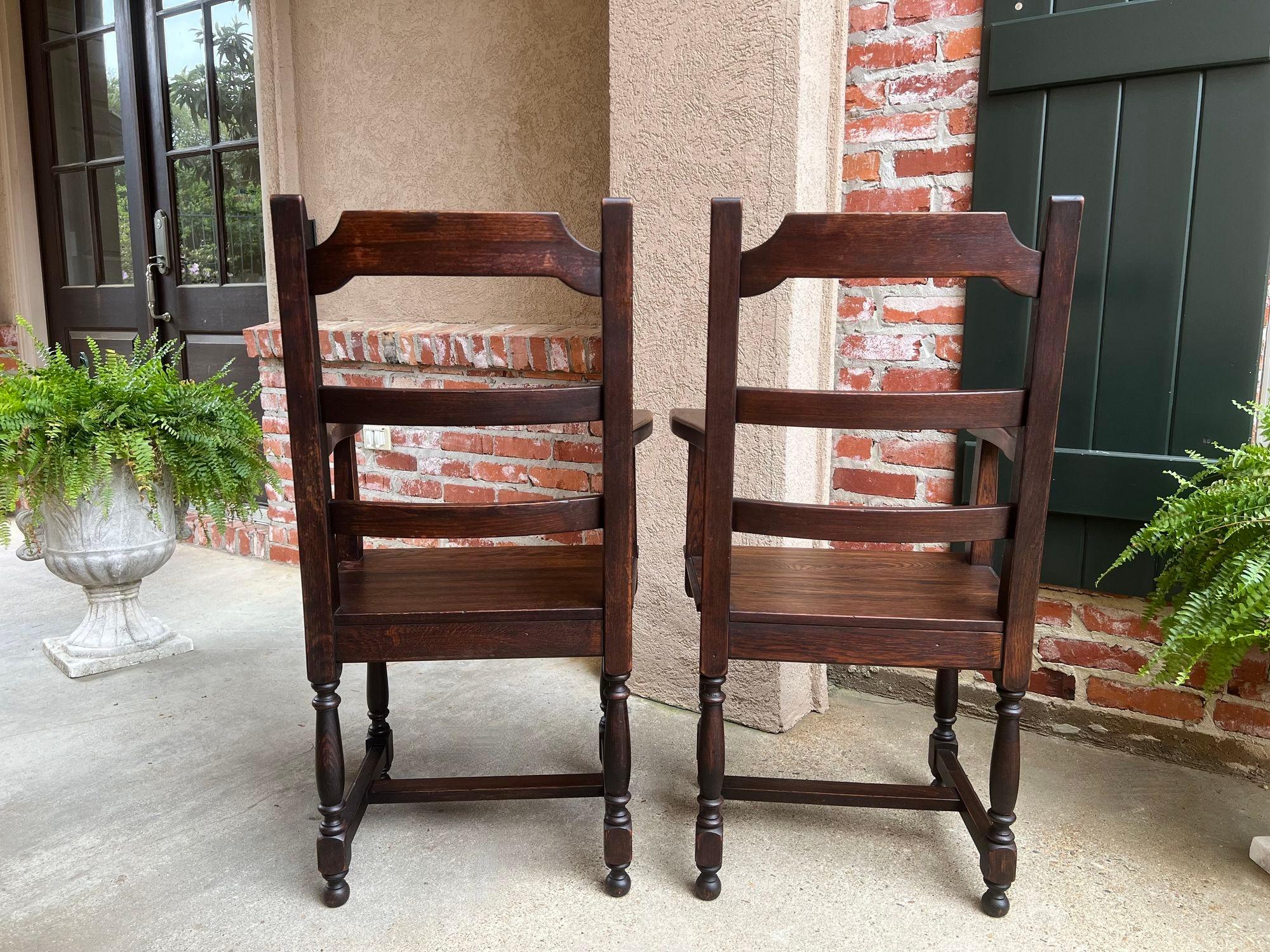 PAIR SET 2 Antique French Arm Dining Chair Ladder Back Carved Dark Oak For Sale 5