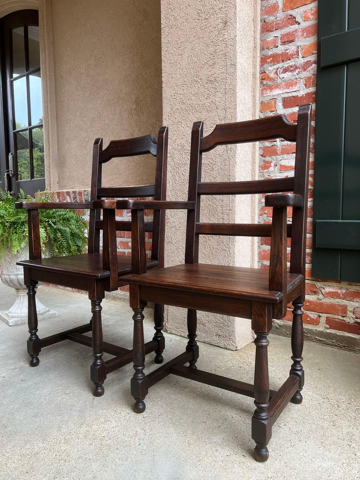 PAIR SET 2 Antique French Arm Dining Chair Ladder Back Carved Dark Oak For Sale 7