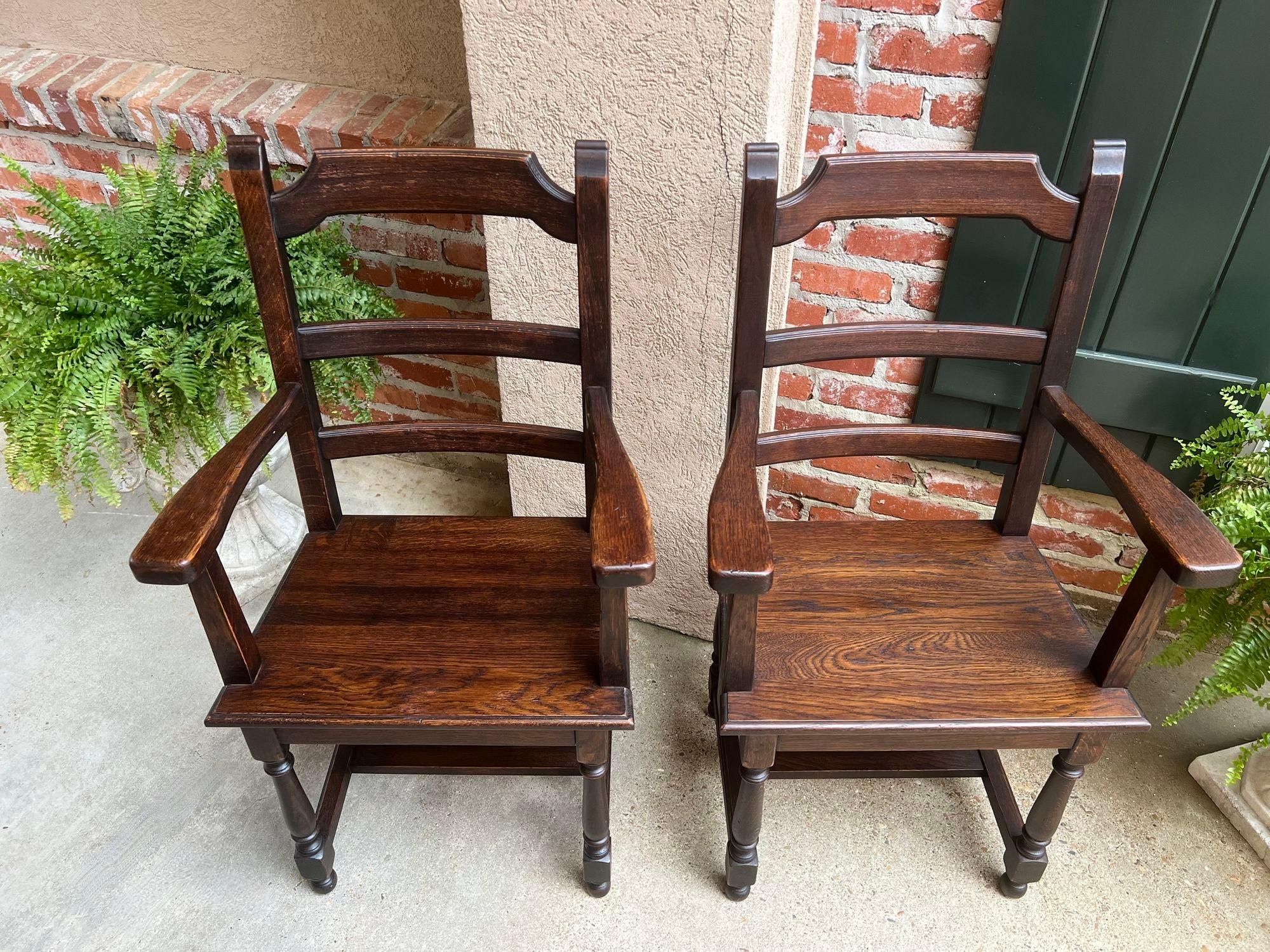 PAIR SET 2 Antique French Arm Dining Chair Ladder Back Carved Dark Oak For Sale 8