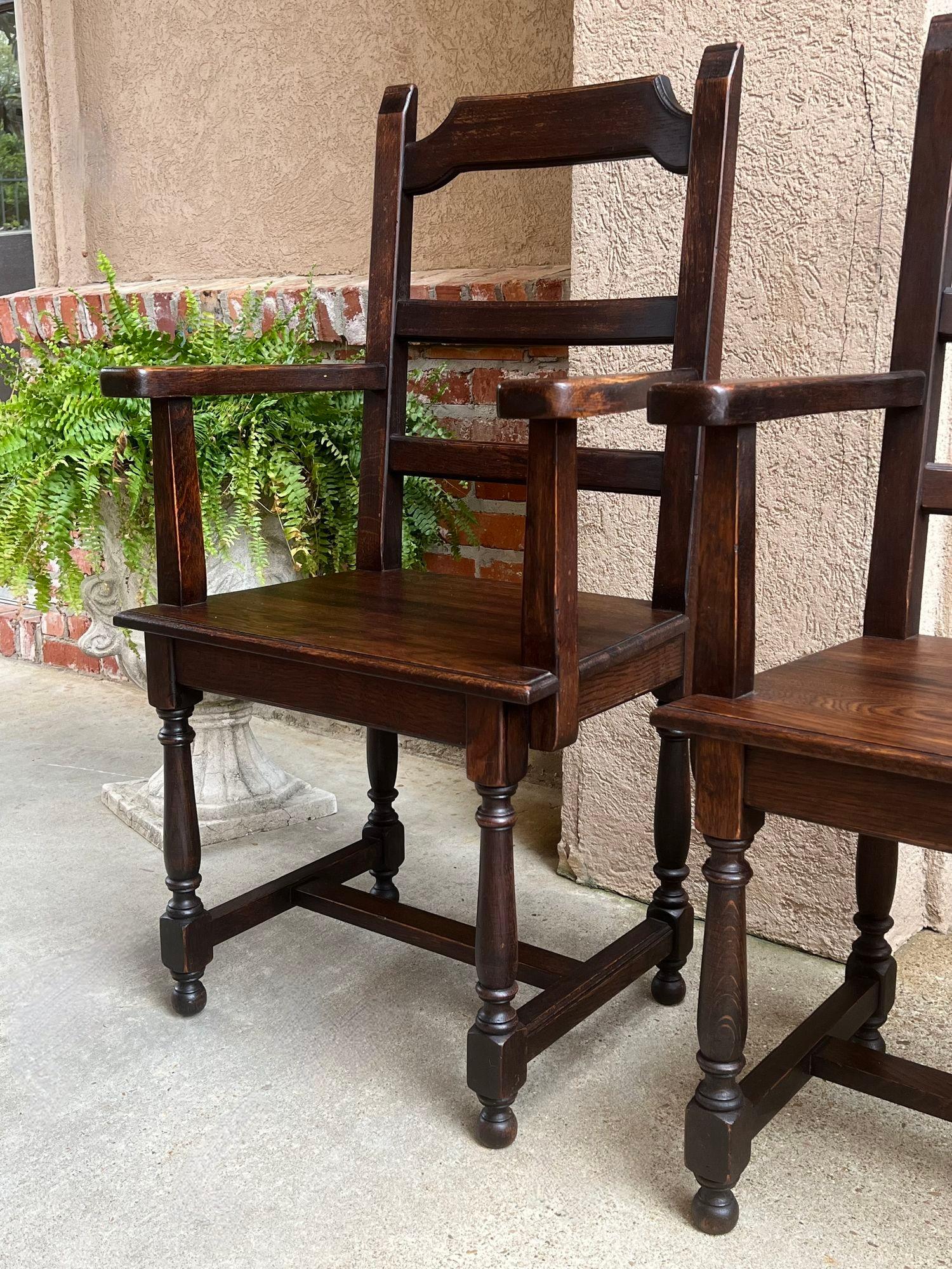 PAIR SET 2 Antique French Arm Dining Chair Ladder Back Carved Dark Oak For Sale 9