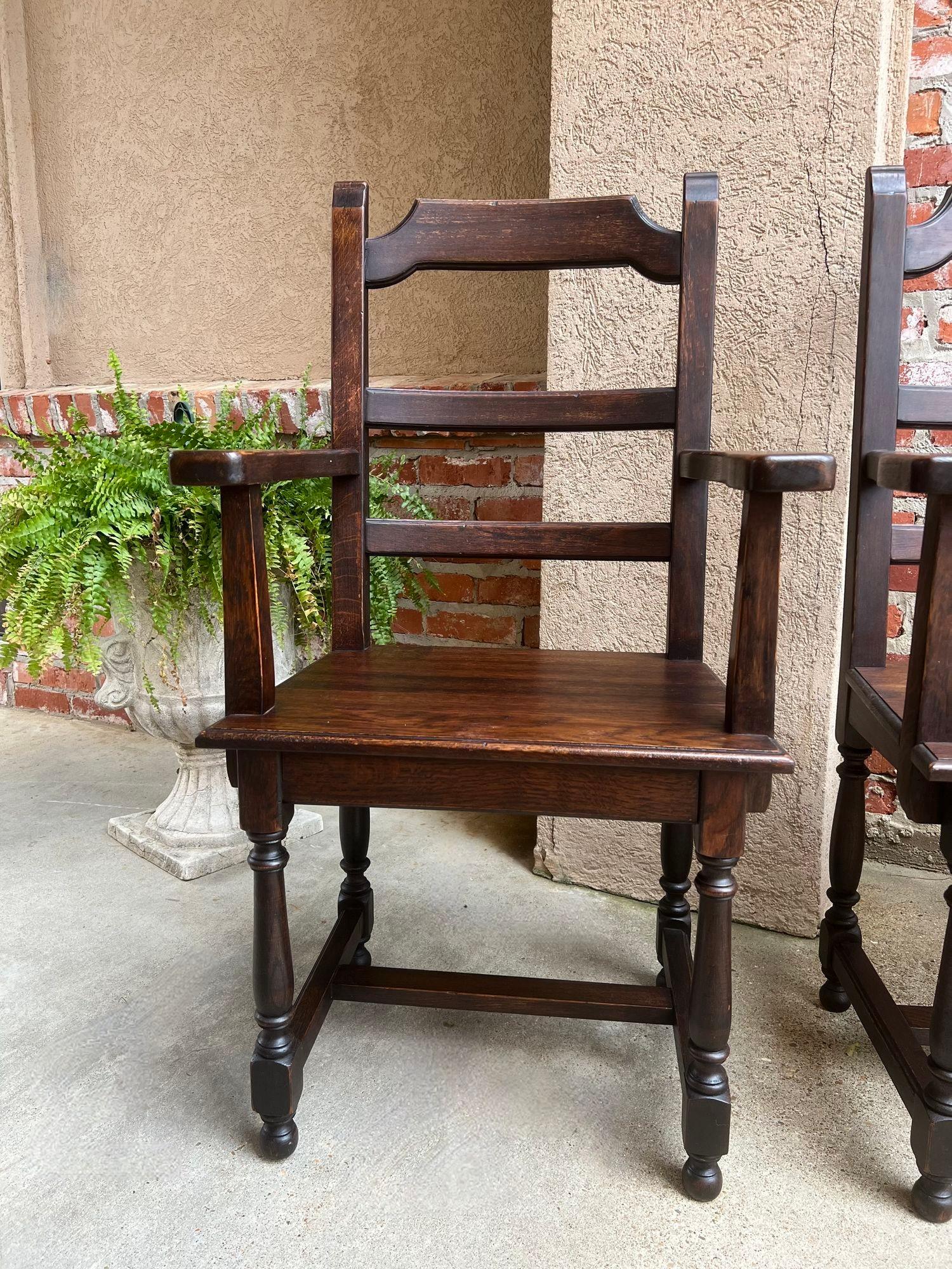 PAIR SET 2 Antique French Arm Dining Chair Ladder Back Carved Dark Oak For Sale 10