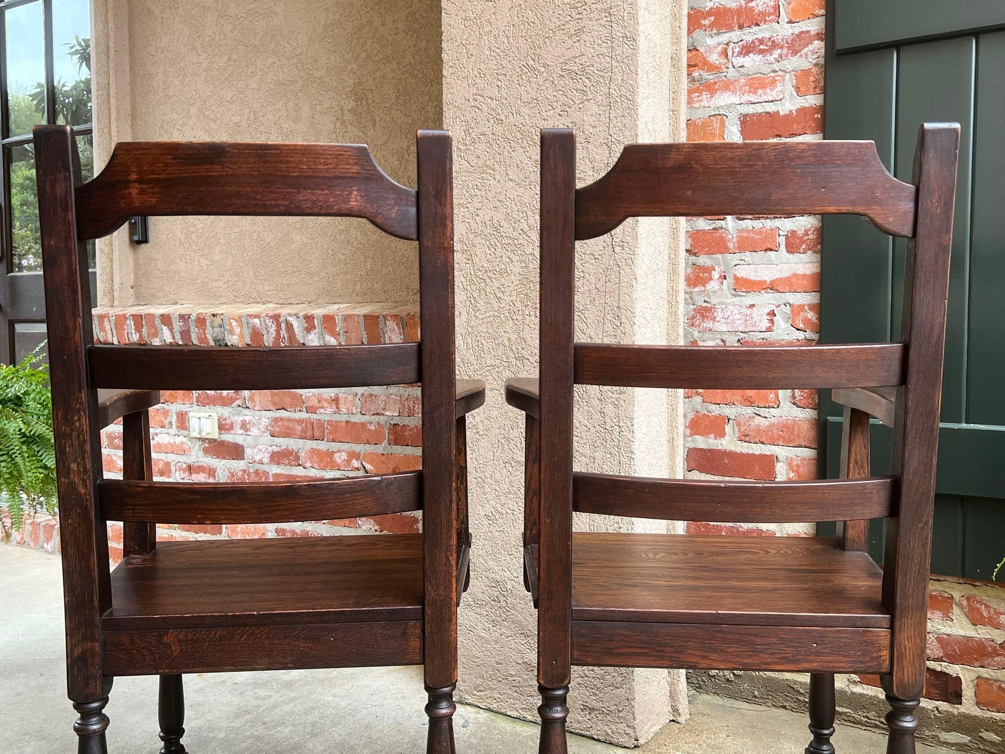PAIR SET 2 Antique French Arm Dining Chair Ladder Back Carved Dark Oak For Sale 12