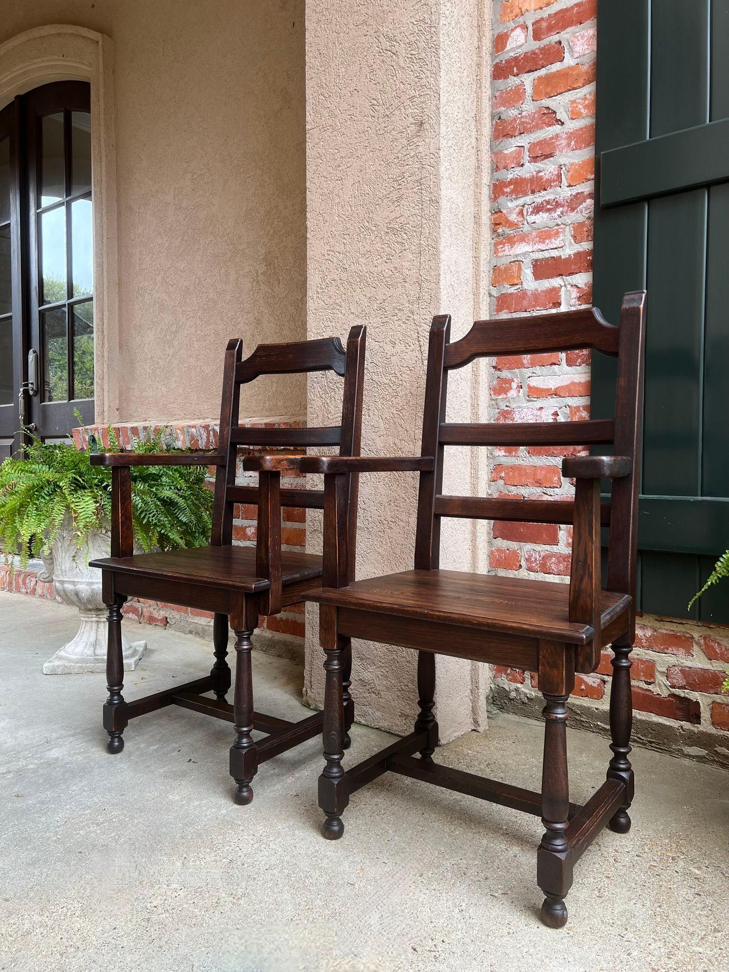 French Provincial PAIR SET 2 Antique French Arm Dining Chair Ladder Back Carved Dark Oak For Sale