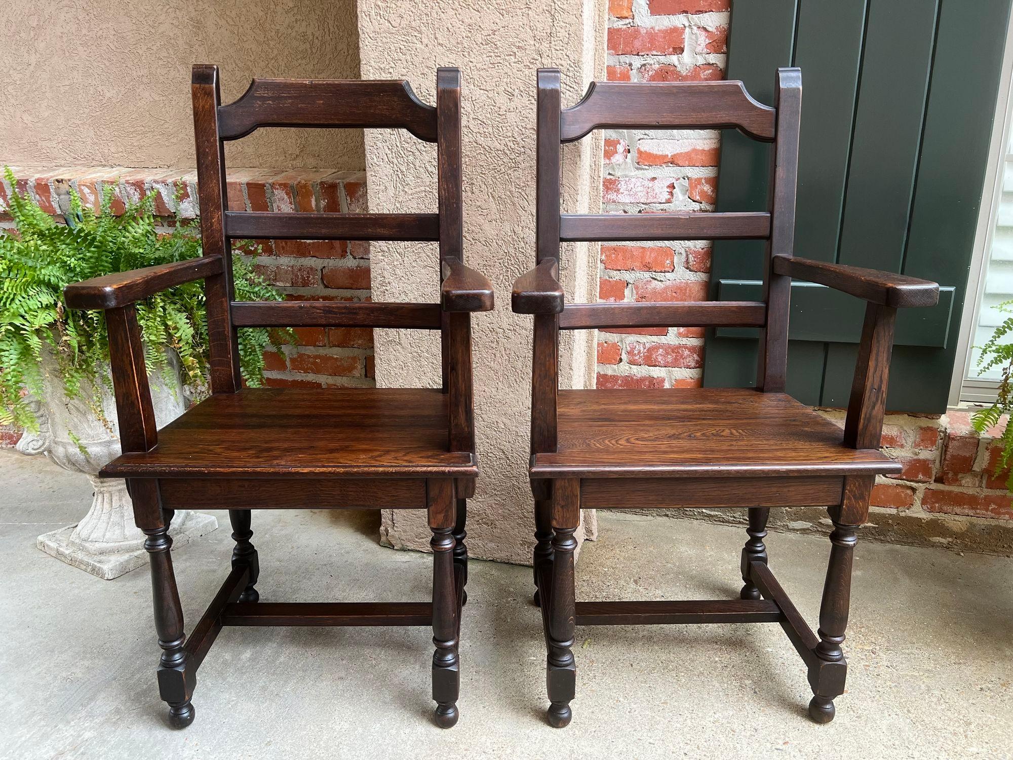 Turned PAIR SET 2 Antique French Arm Dining Chair Ladder Back Carved Dark Oak For Sale