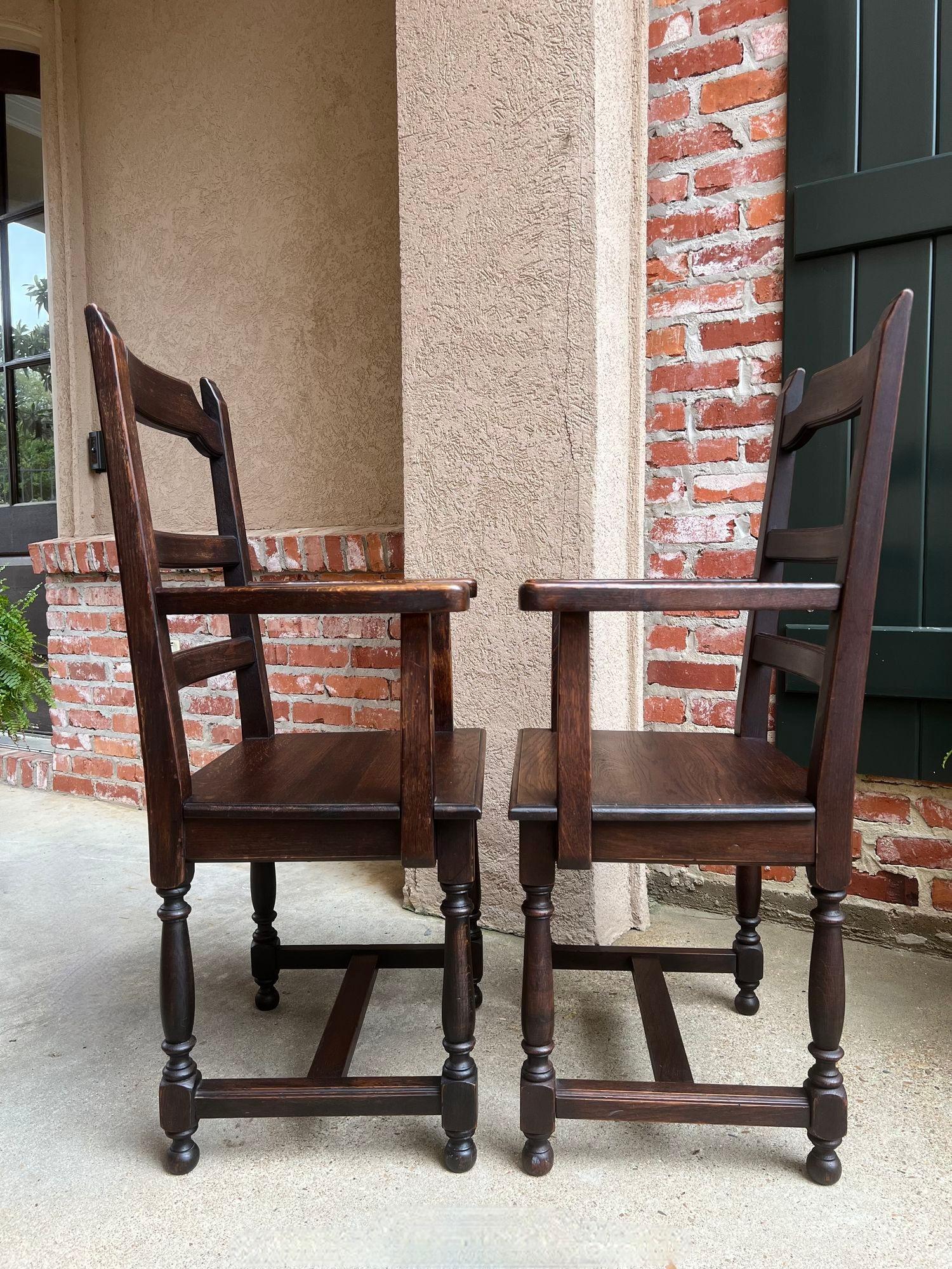 PAIR SET 2 Antique French Arm Dining Chair Ladder Back Carved Dark Oak In Good Condition For Sale In Shreveport, LA