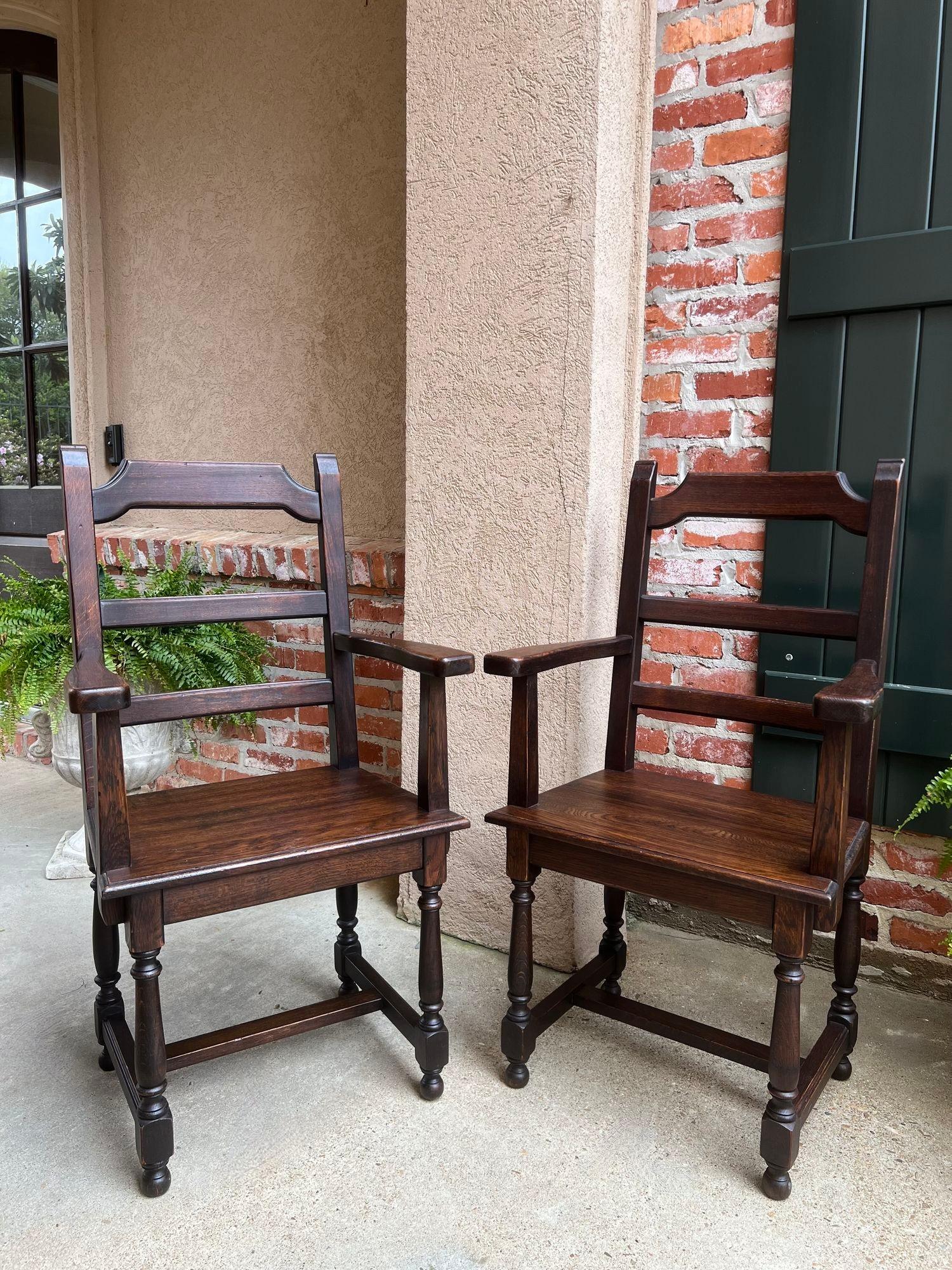 Early 20th Century PAIR SET 2 Antique French Arm Dining Chair Ladder Back Carved Dark Oak For Sale