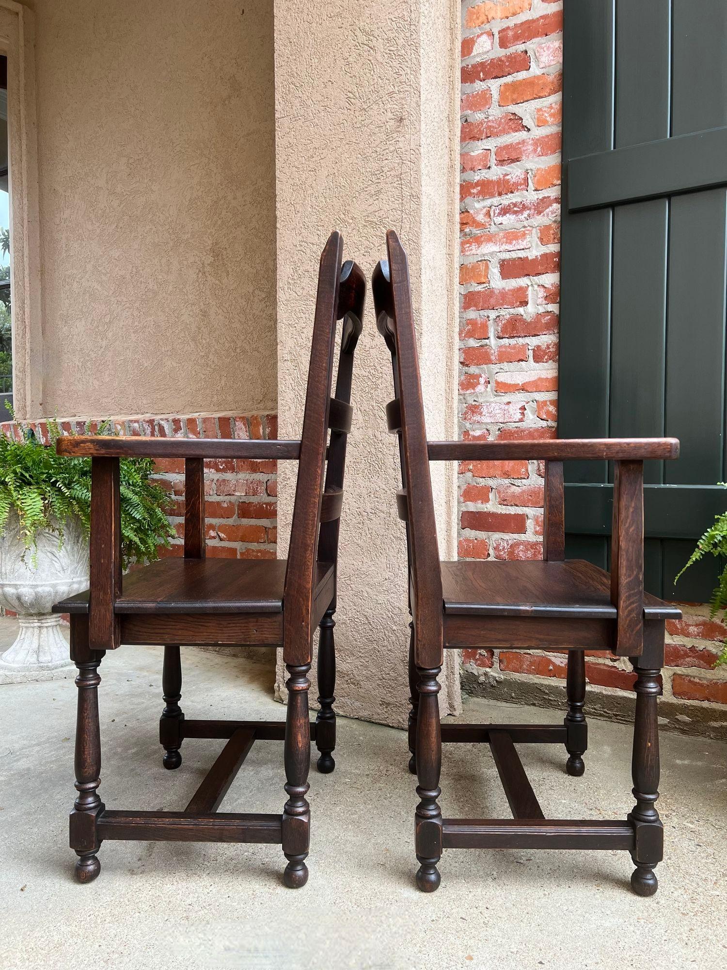 PAIR SET 2 Antique French Arm Dining Chair Ladder Back Carved Dark Oak For Sale 1