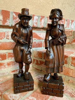 PAIR Set Antique Carved Wood French Breton Brittany Statue Figurine Celtic Farm