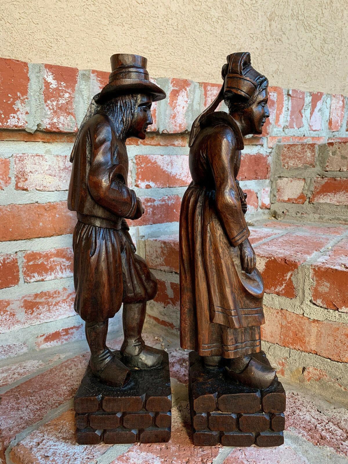 French Provincial PAIR Set Antique Carved Wood French Breton Brittany Statue Figurine Celtic Farm