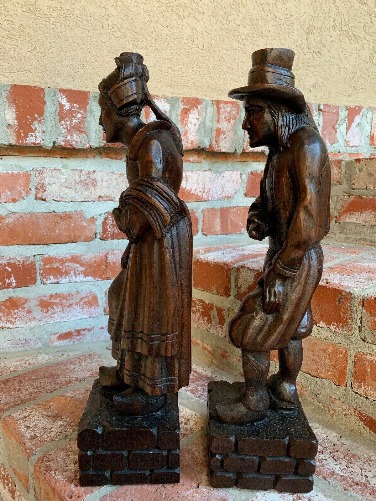 Hand-Carved PAIR Set Antique Carved Wood French Breton Brittany Statue Figurine Celtic Farm